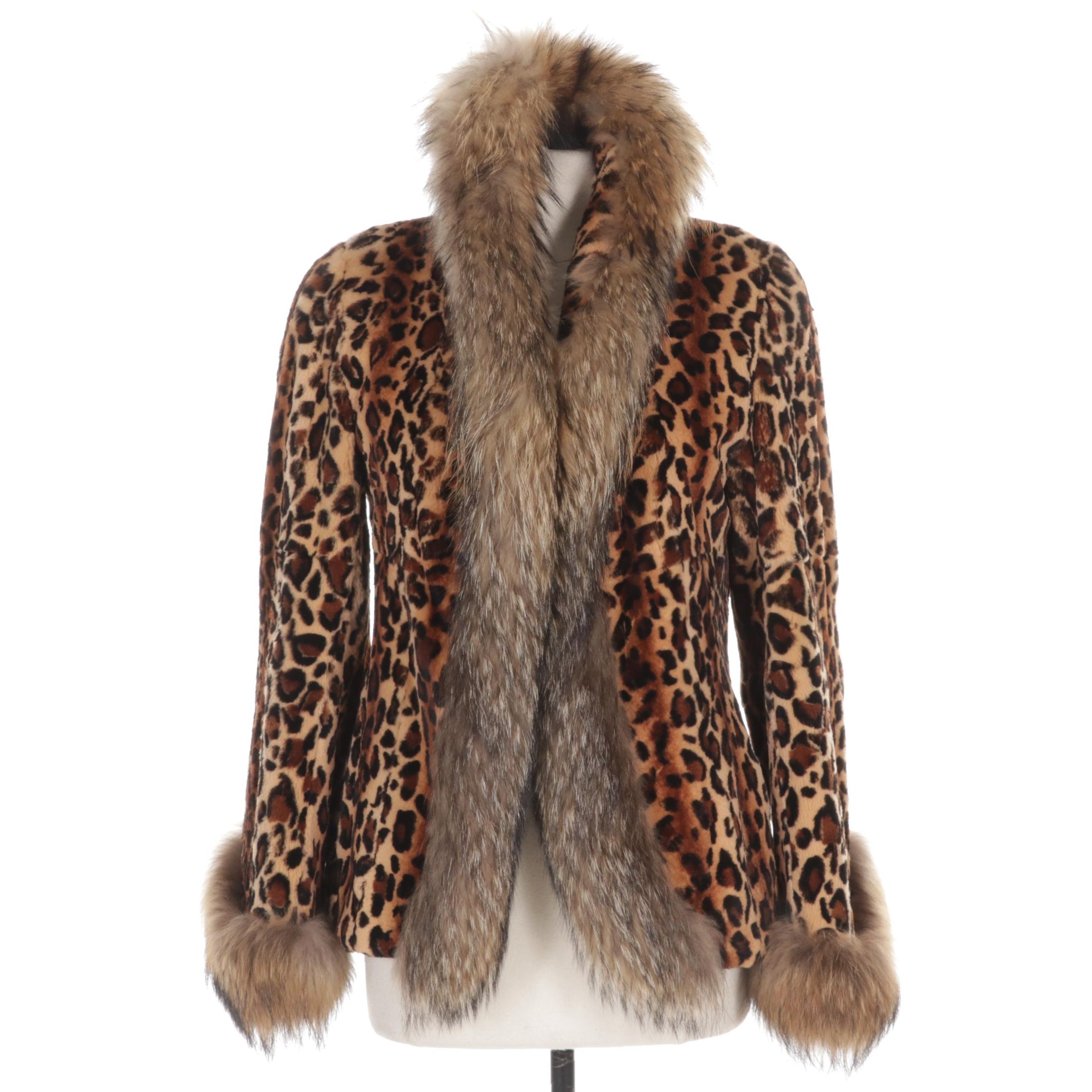 Sakowitz Cheetah Print Dyed Mink Fur Coat with Raccoon Fur Trim