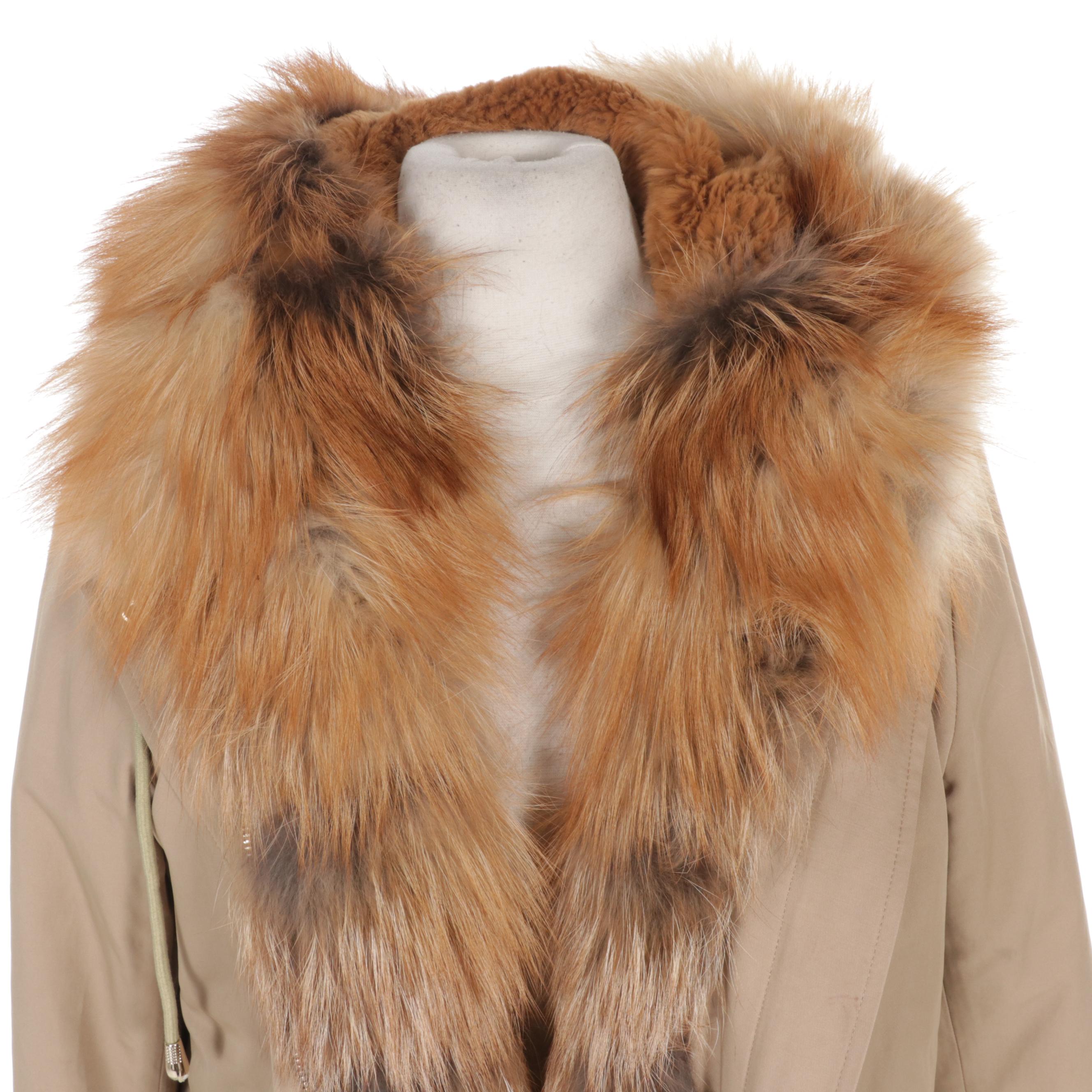 Zipper-Front Parka with Rabbit Fur Hood and Removable Red Fox Fur Trim