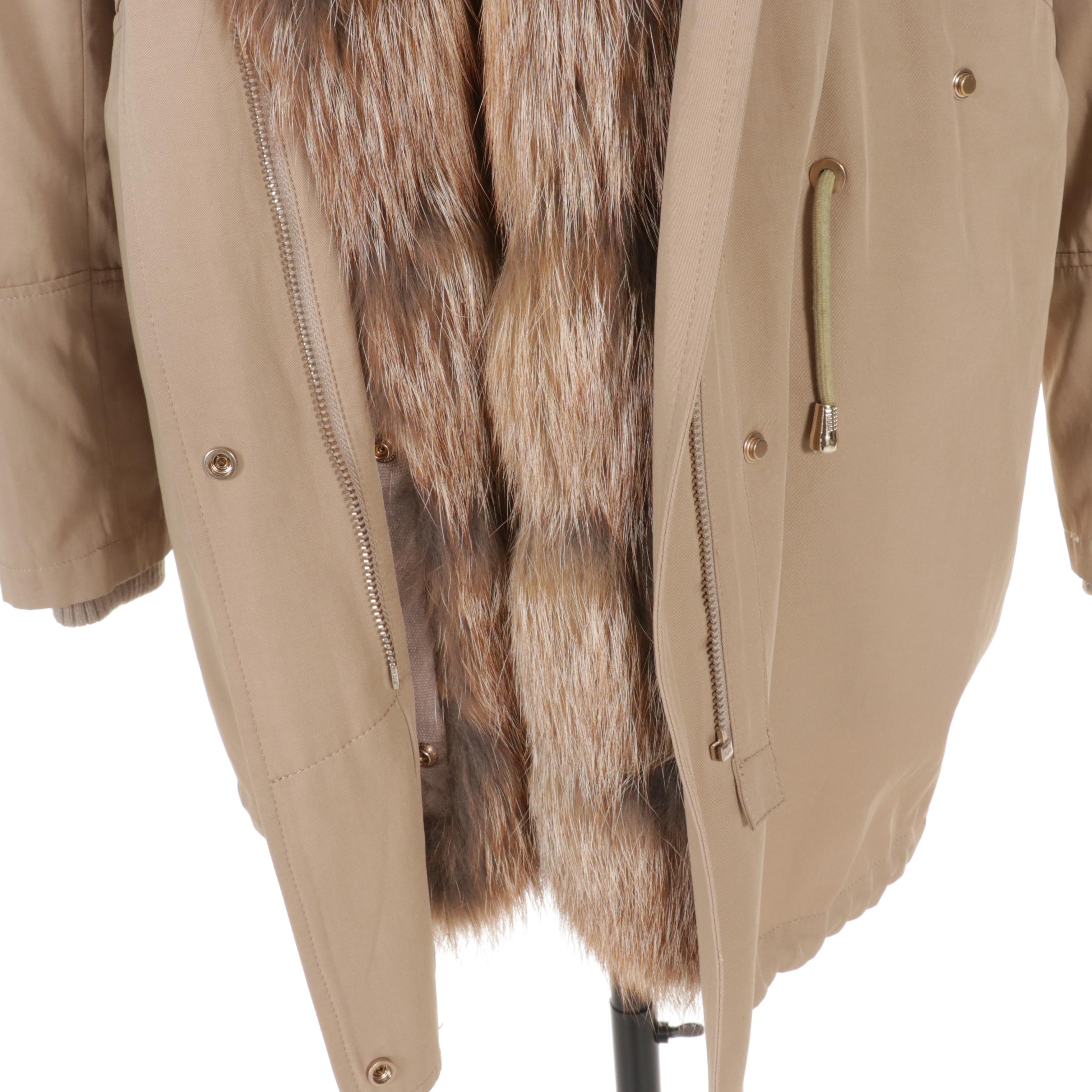 Zipper-Front Parka with Rabbit Fur Hood and Removable Red Fox Fur Trim