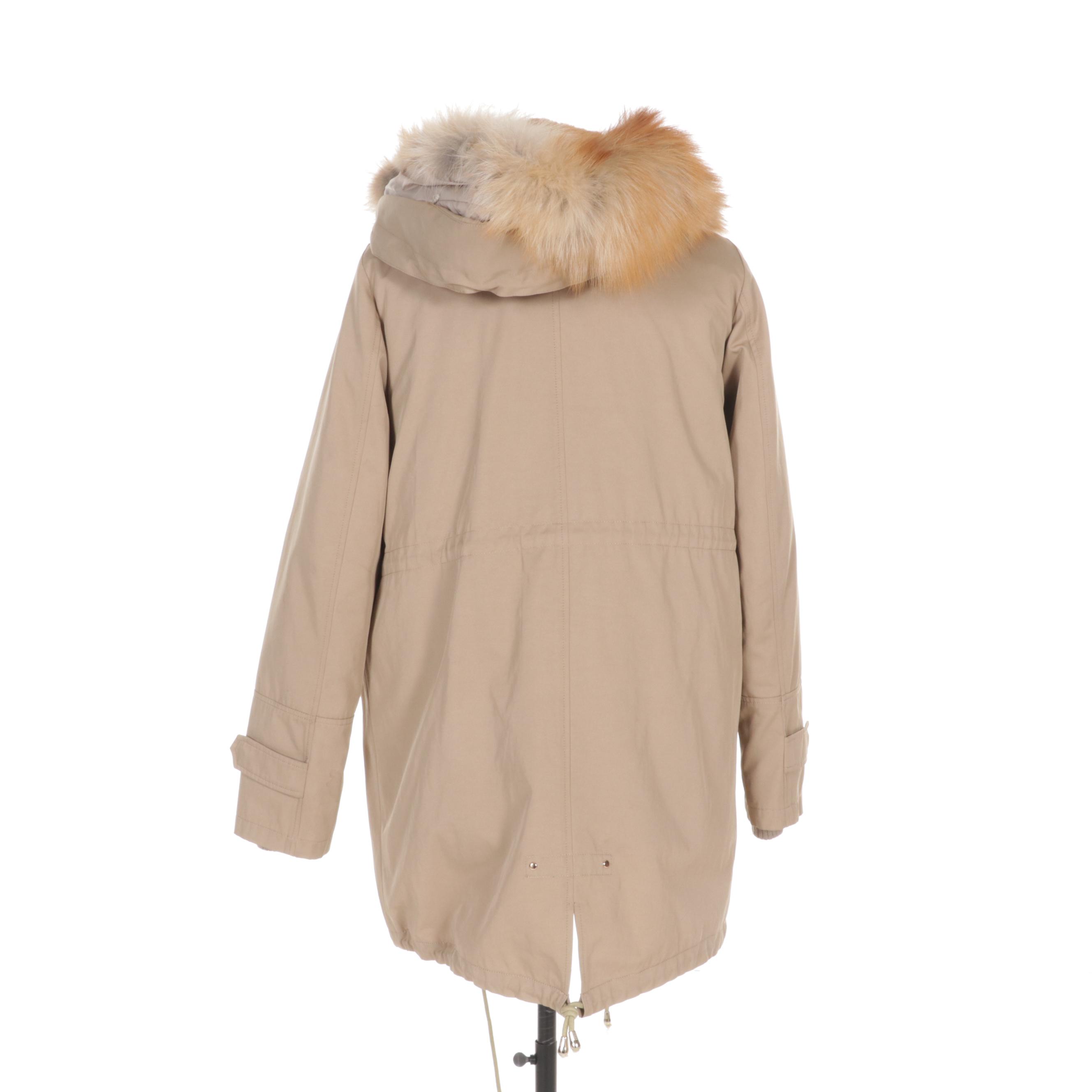 Zipper-Front Parka with Rabbit Fur Hood and Removable Red Fox Fur Trim