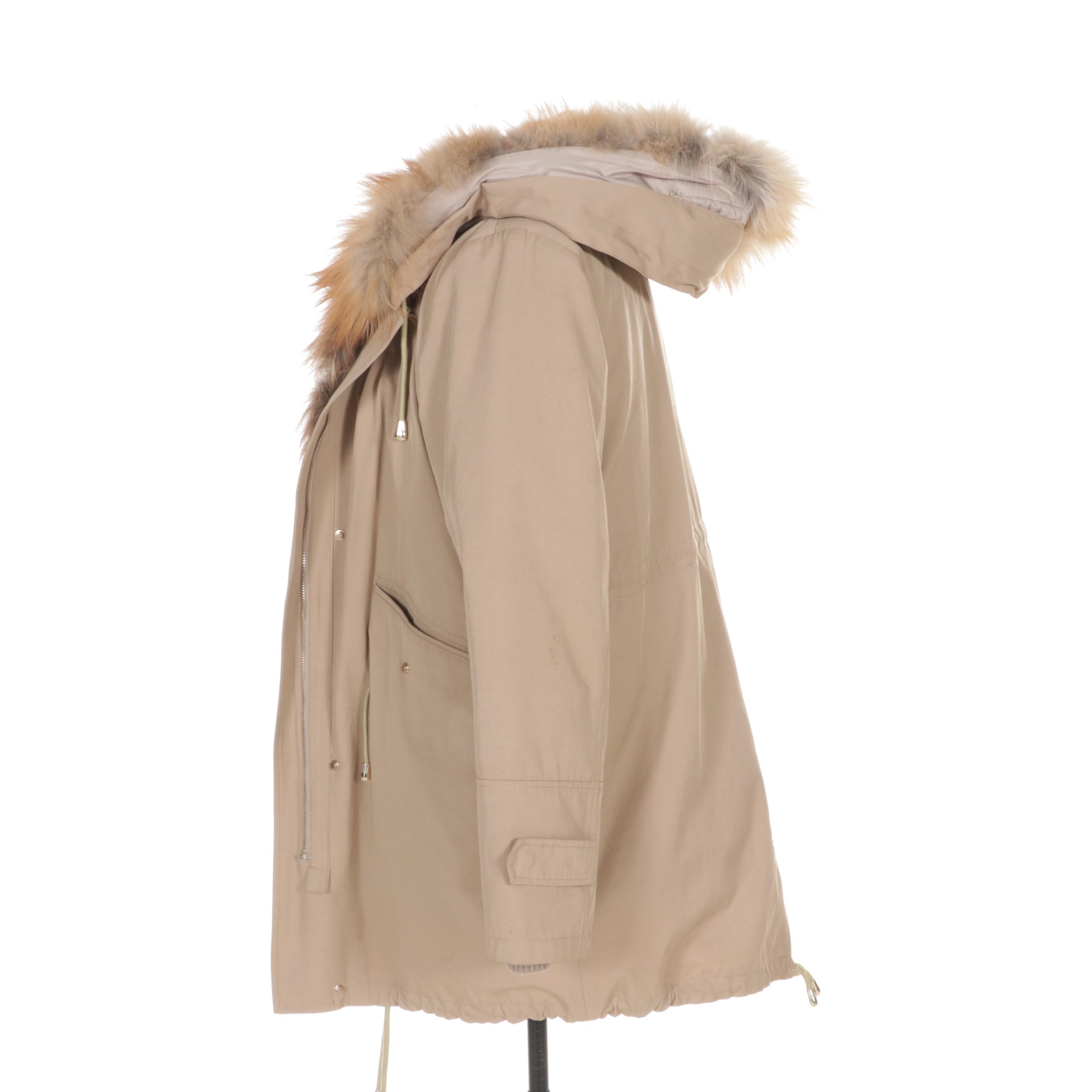 Zipper-Front Parka with Rabbit Fur Hood and Removable Red Fox Fur Trim