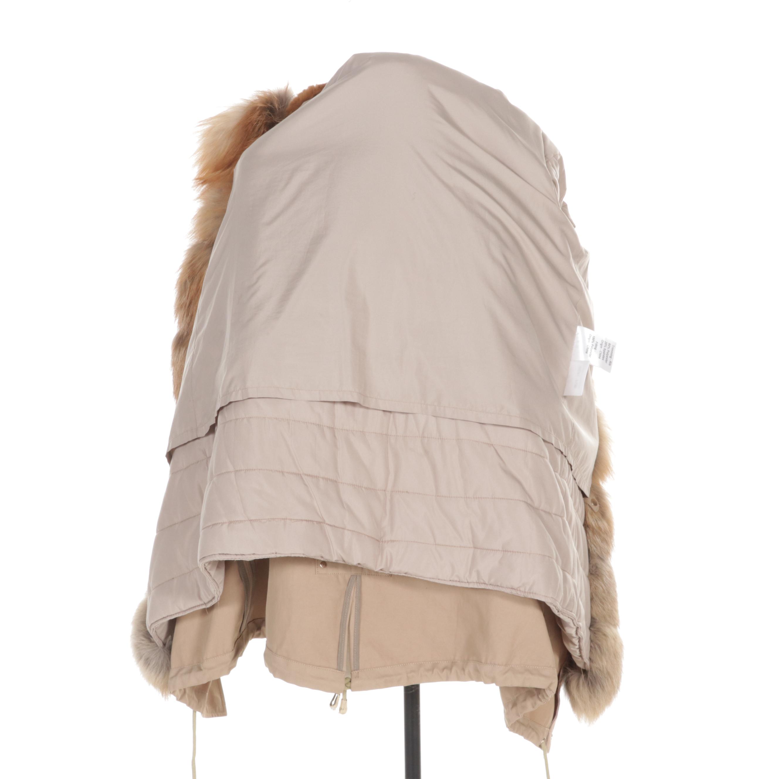 Zipper-Front Parka with Rabbit Fur Hood and Removable Red Fox Fur Trim