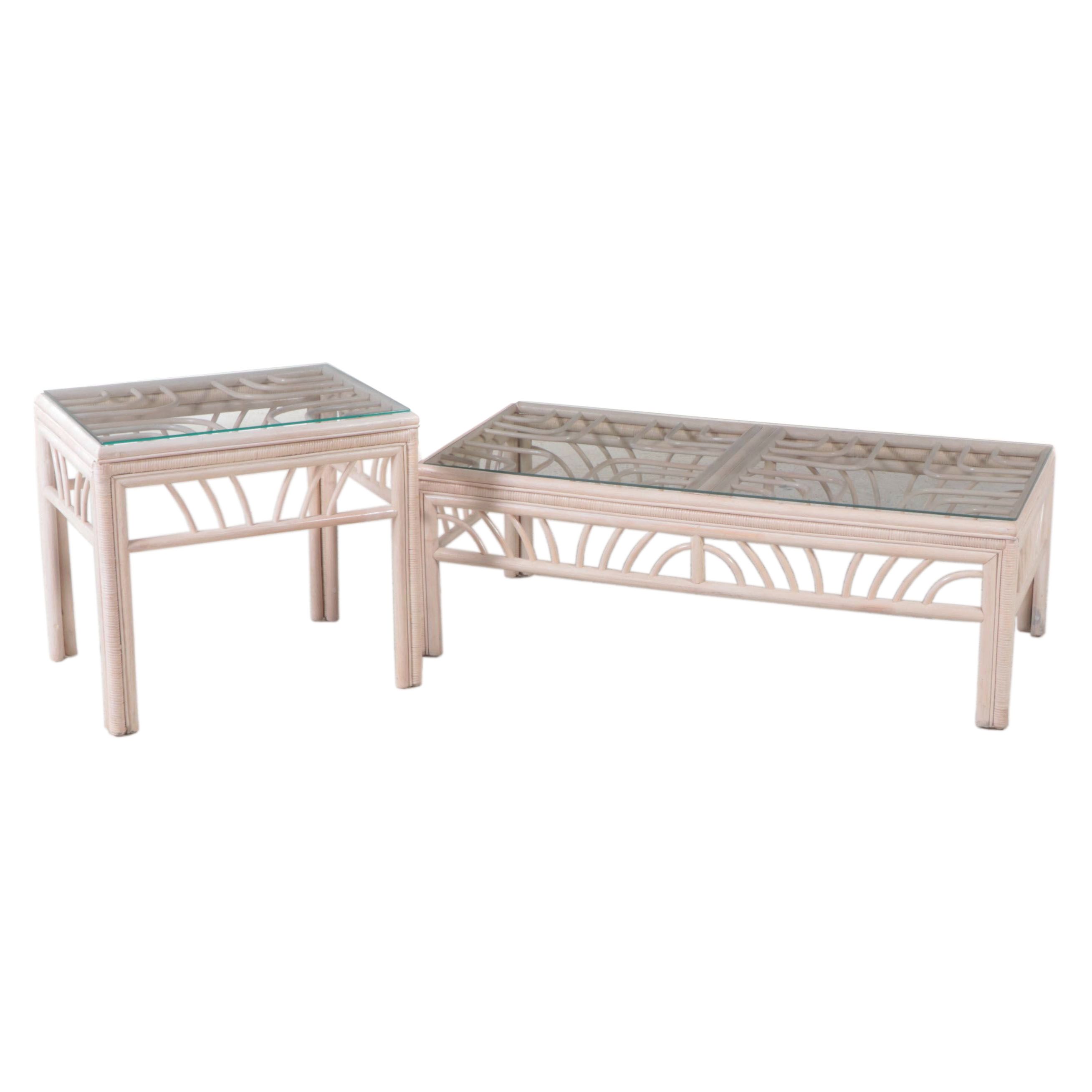 Ayers Furniture Cerused Rattan and Glass Top Patio Coffee and Side Tables