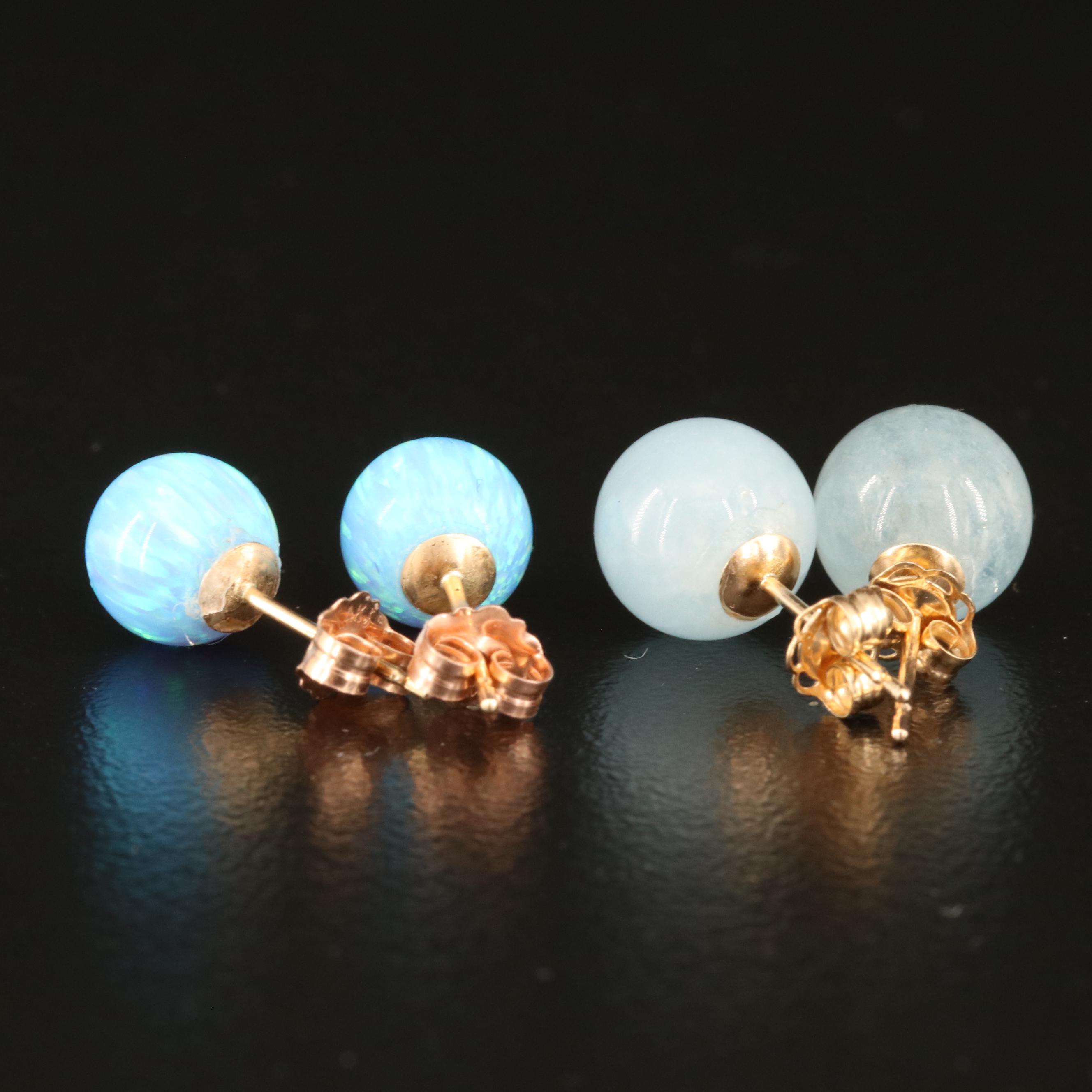 14K Aquamarine and Opal Stud Earrings