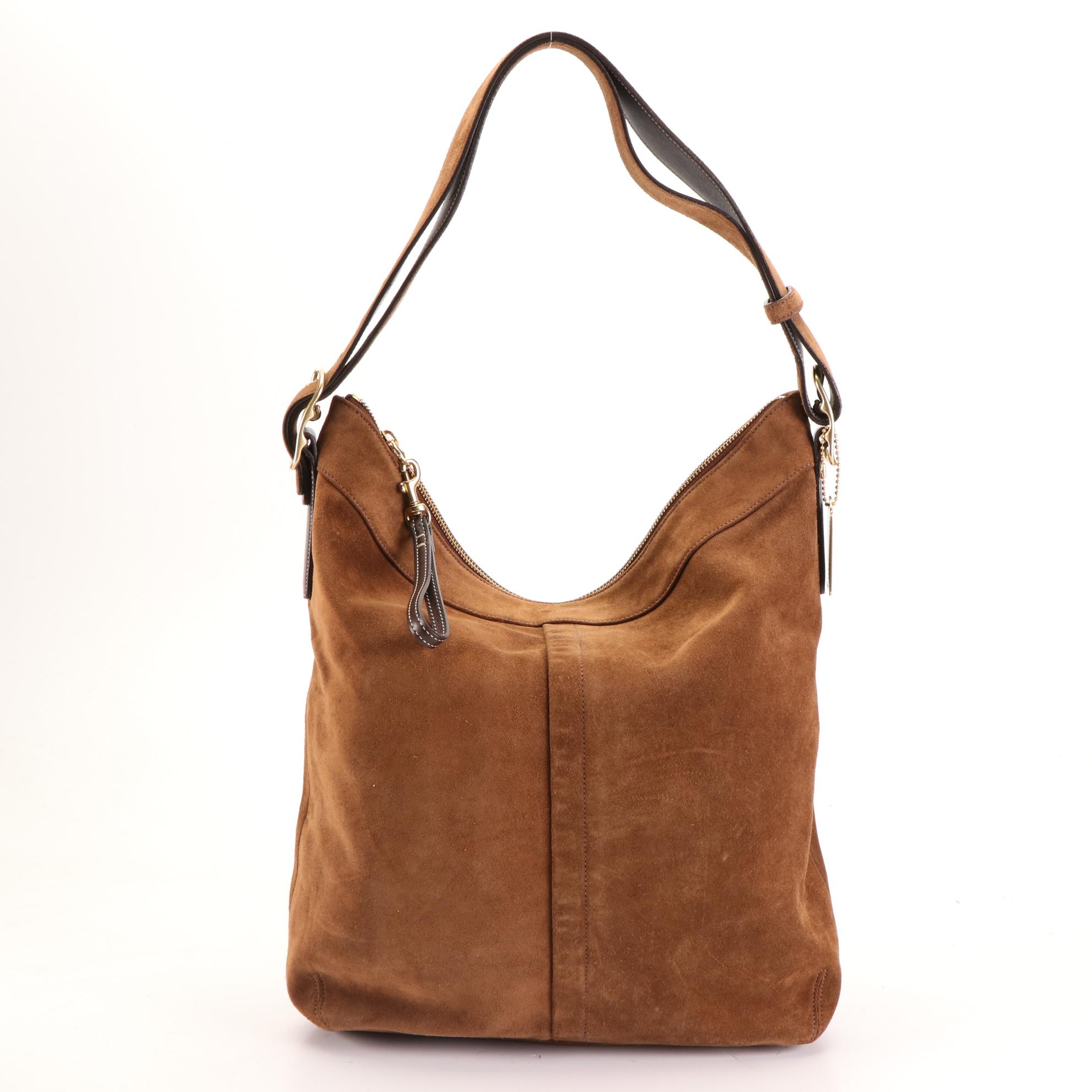 Coach Large Zip Crossbody Bag in Brown Suede and Small Black Leather Pouches