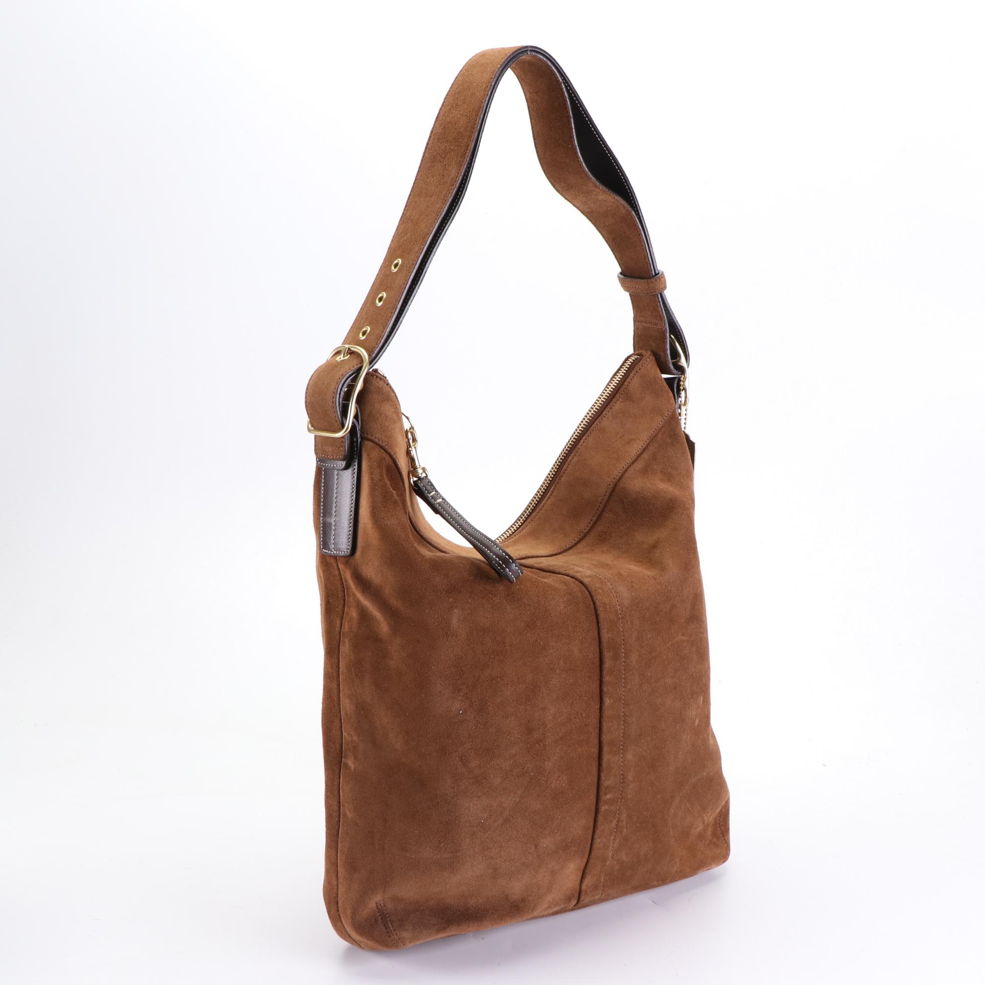 Coach Large Zip Crossbody Bag in Brown Suede and Small Black Leather Pouches