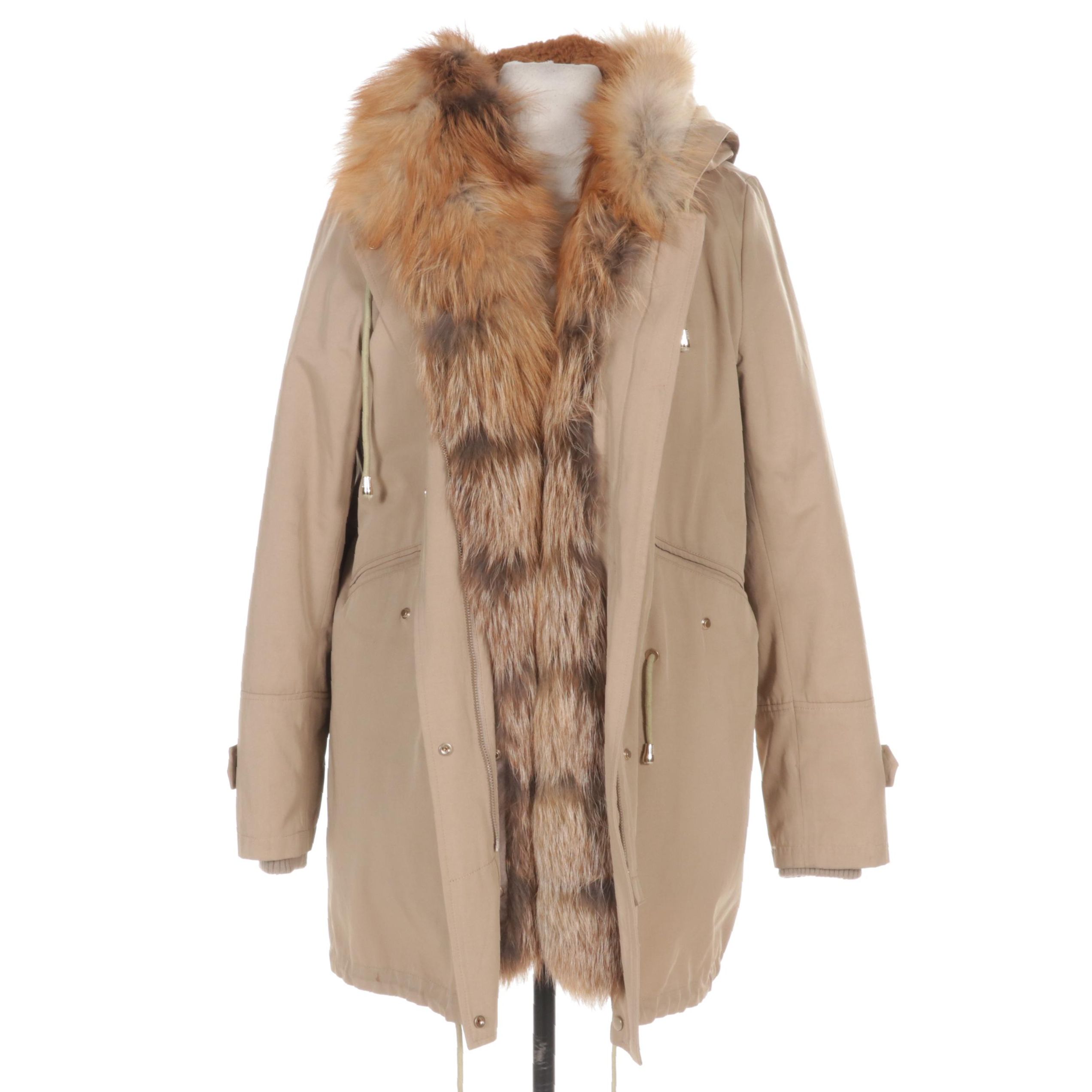 Zipper-Front Parka with Rabbit Fur Hood and Removable Red Fox Fur Trim