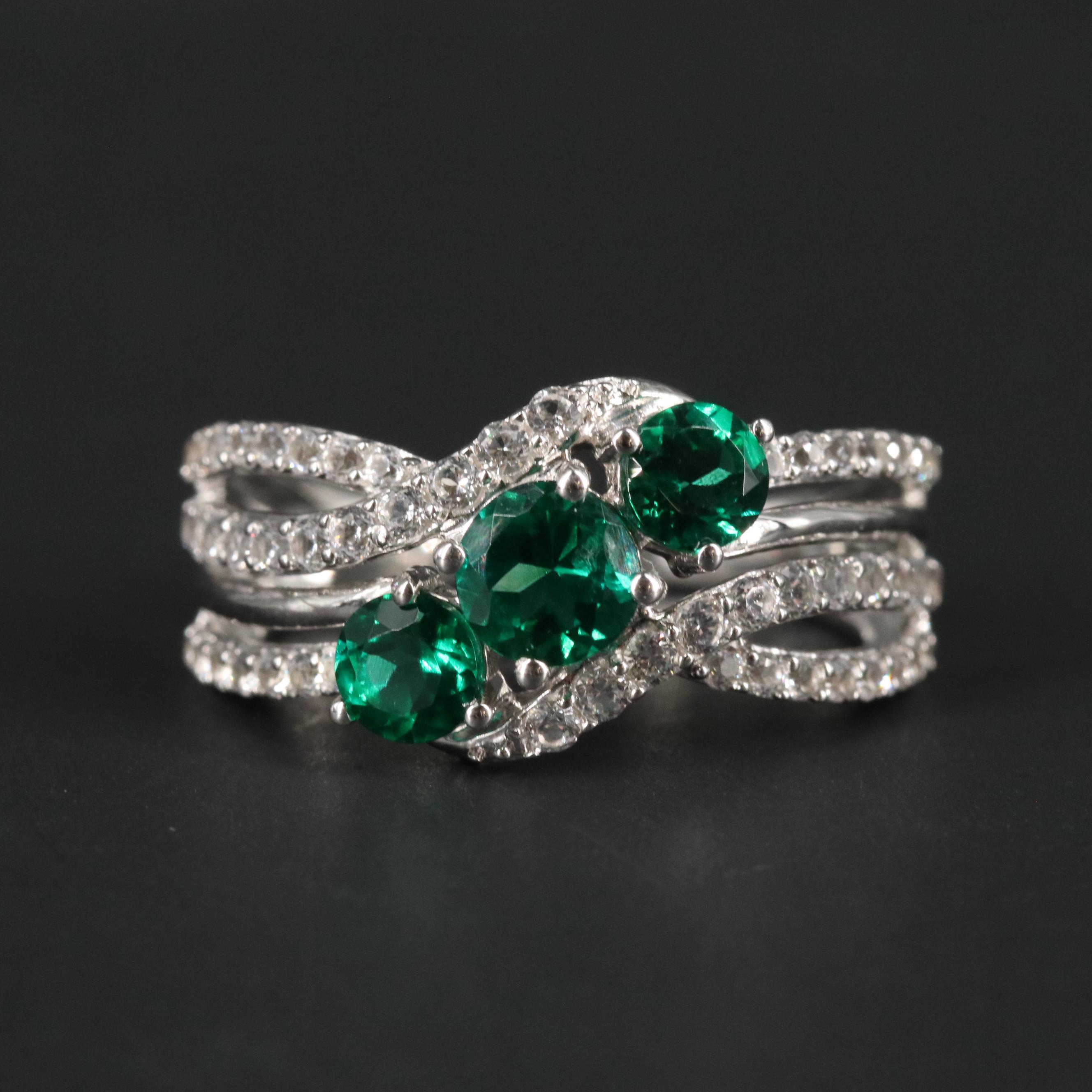 Sterling Emerald and Sapphire Three Stone Ring