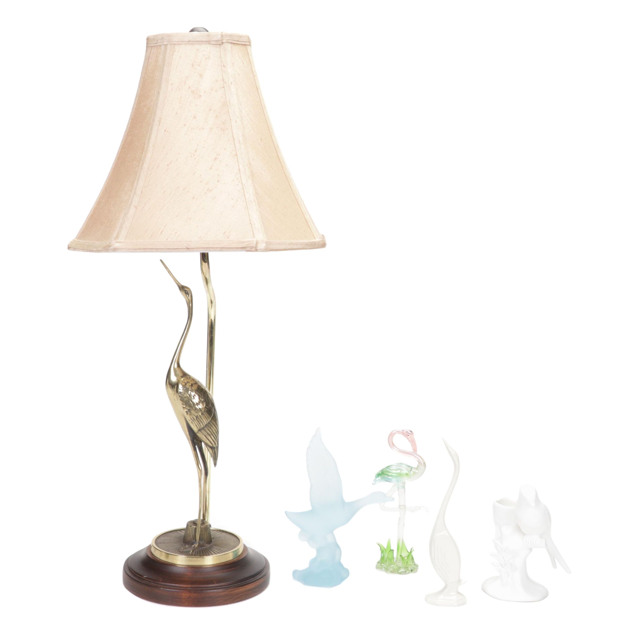 Brass Crane Table Lamp with Porcelain and Glass Bird Figurines