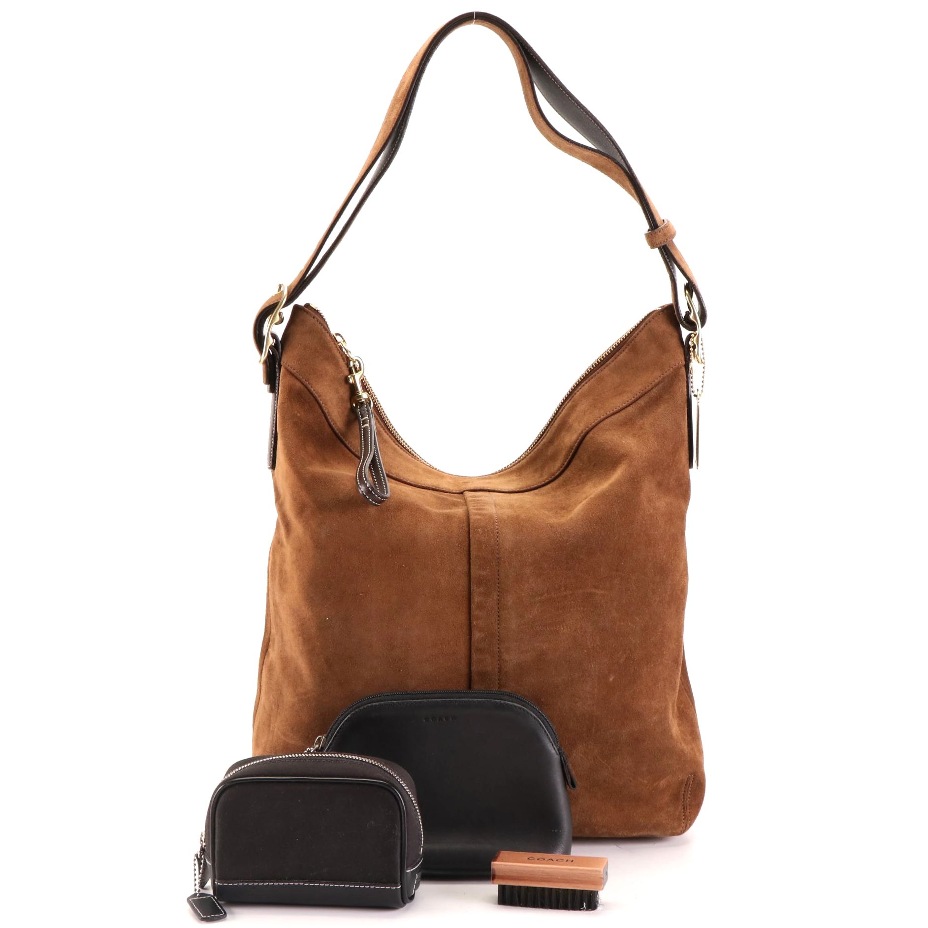 Coach Large Zip Crossbody Bag in Brown Suede and Small Black Leather Pouches
