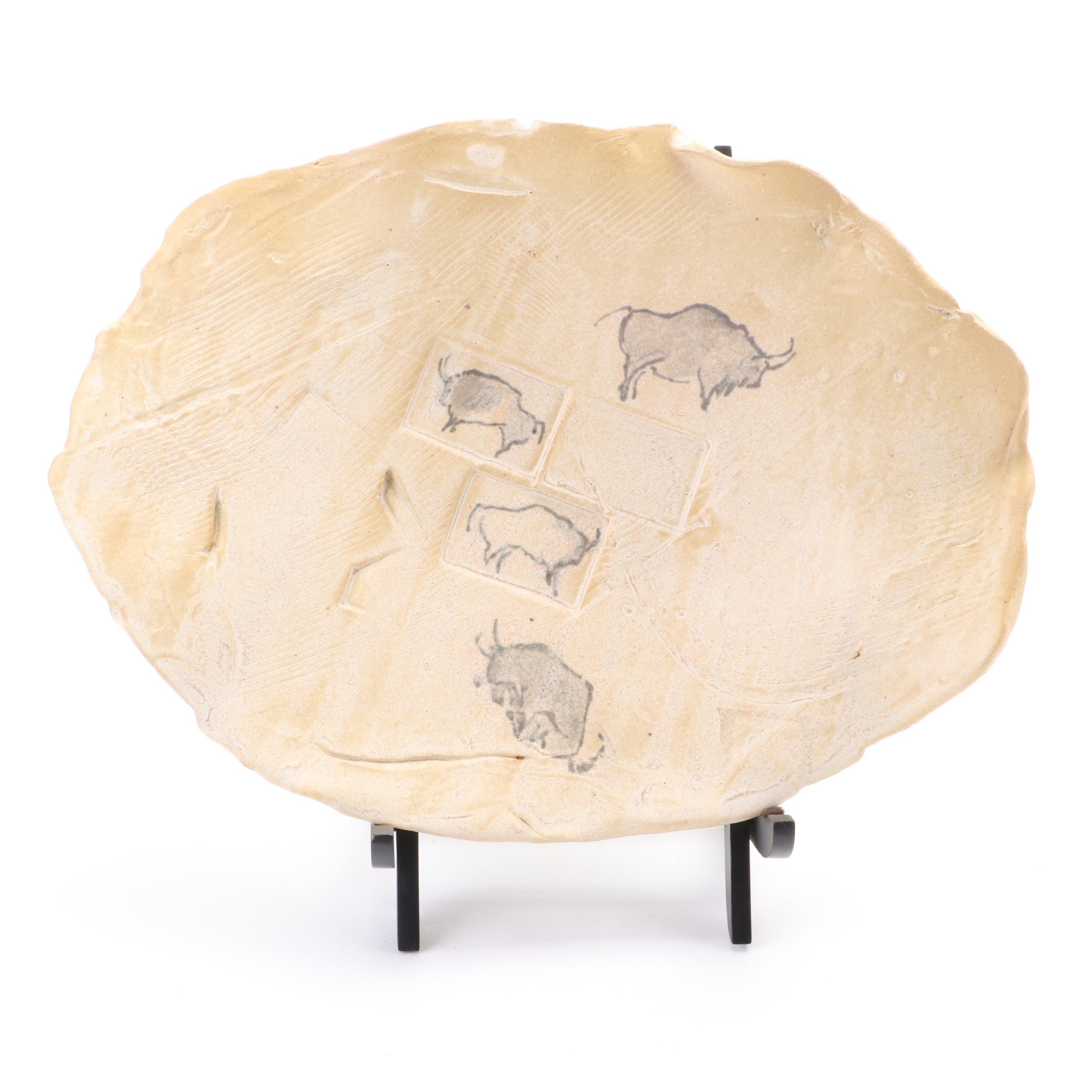 Mikpo Pottery Buffalo Motif Ceramic Footed Bowl with Stand, 2002