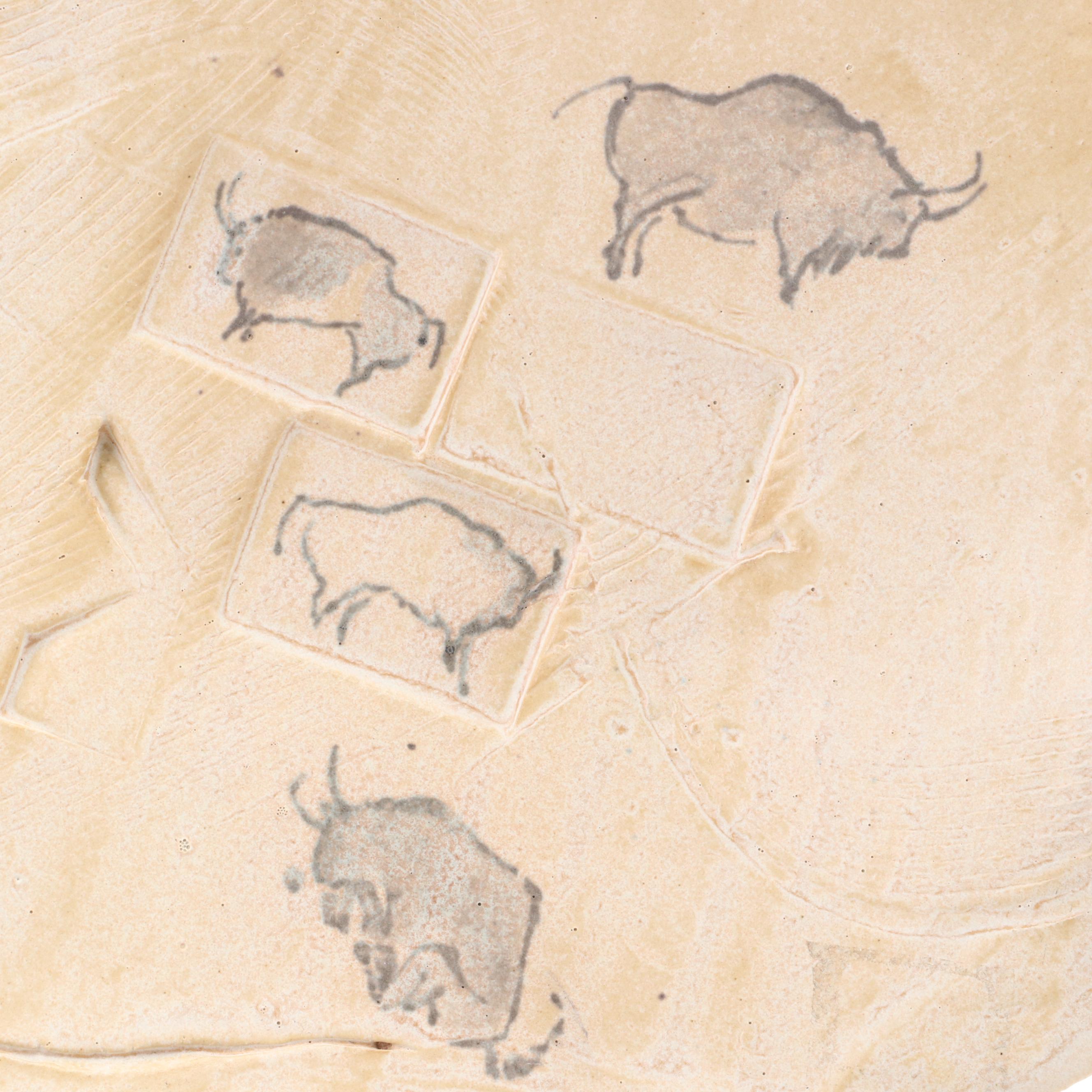 Mikpo Pottery Buffalo Motif Ceramic Footed Bowl with Stand, 2002