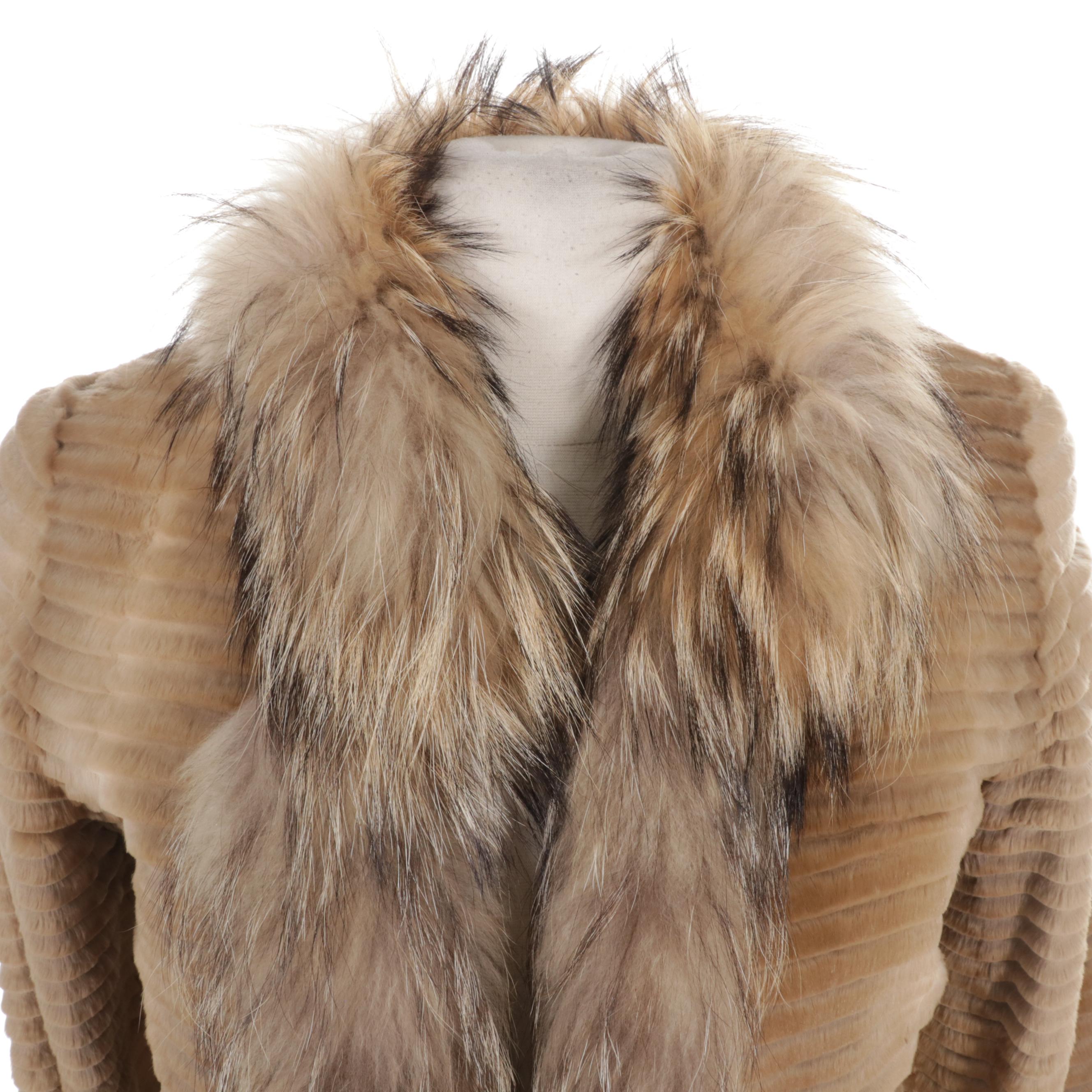 Carved Golden Dyed Mink Fur Jacket with Raccoon Fur Trim