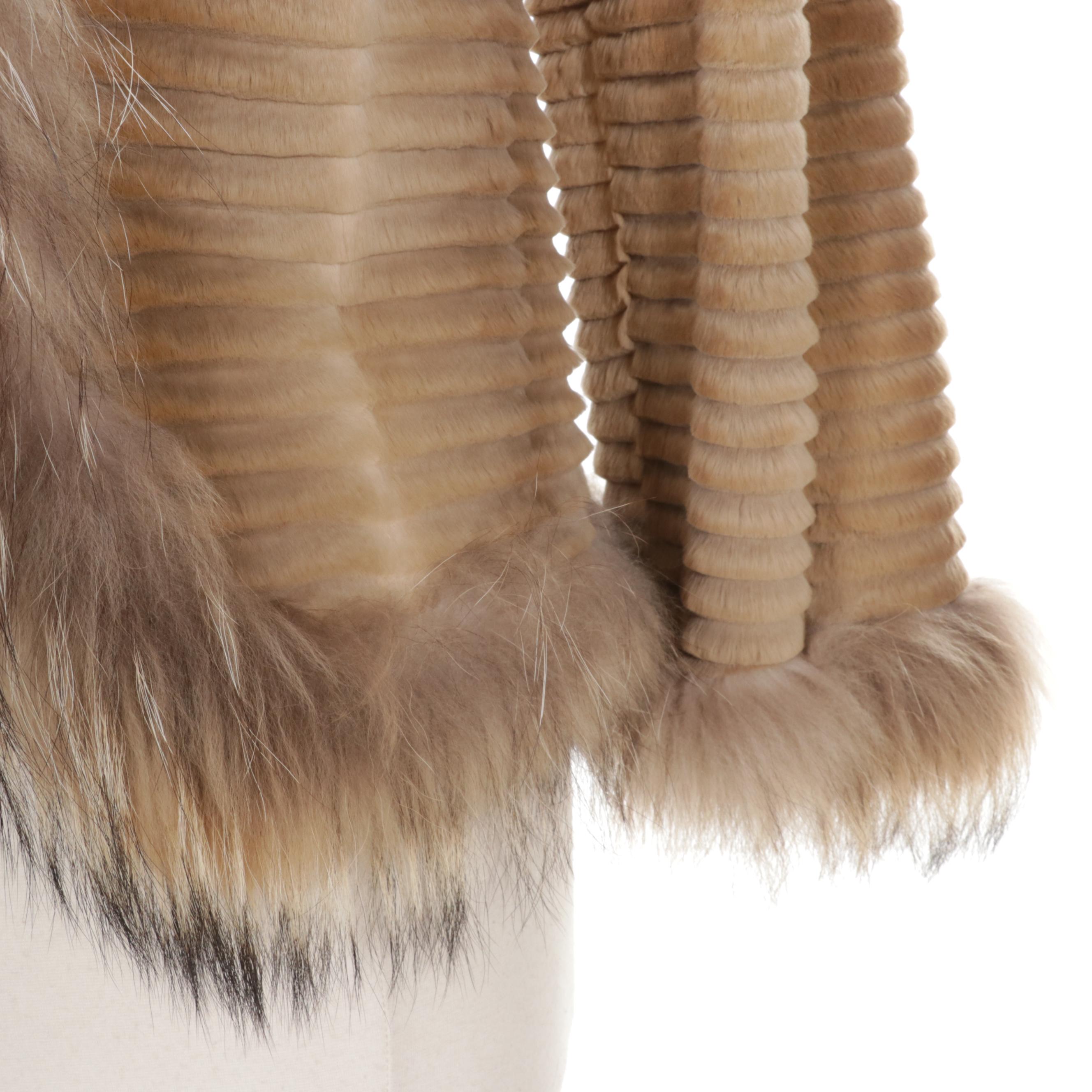 Carved Golden Dyed Mink Fur Jacket with Raccoon Fur Trim