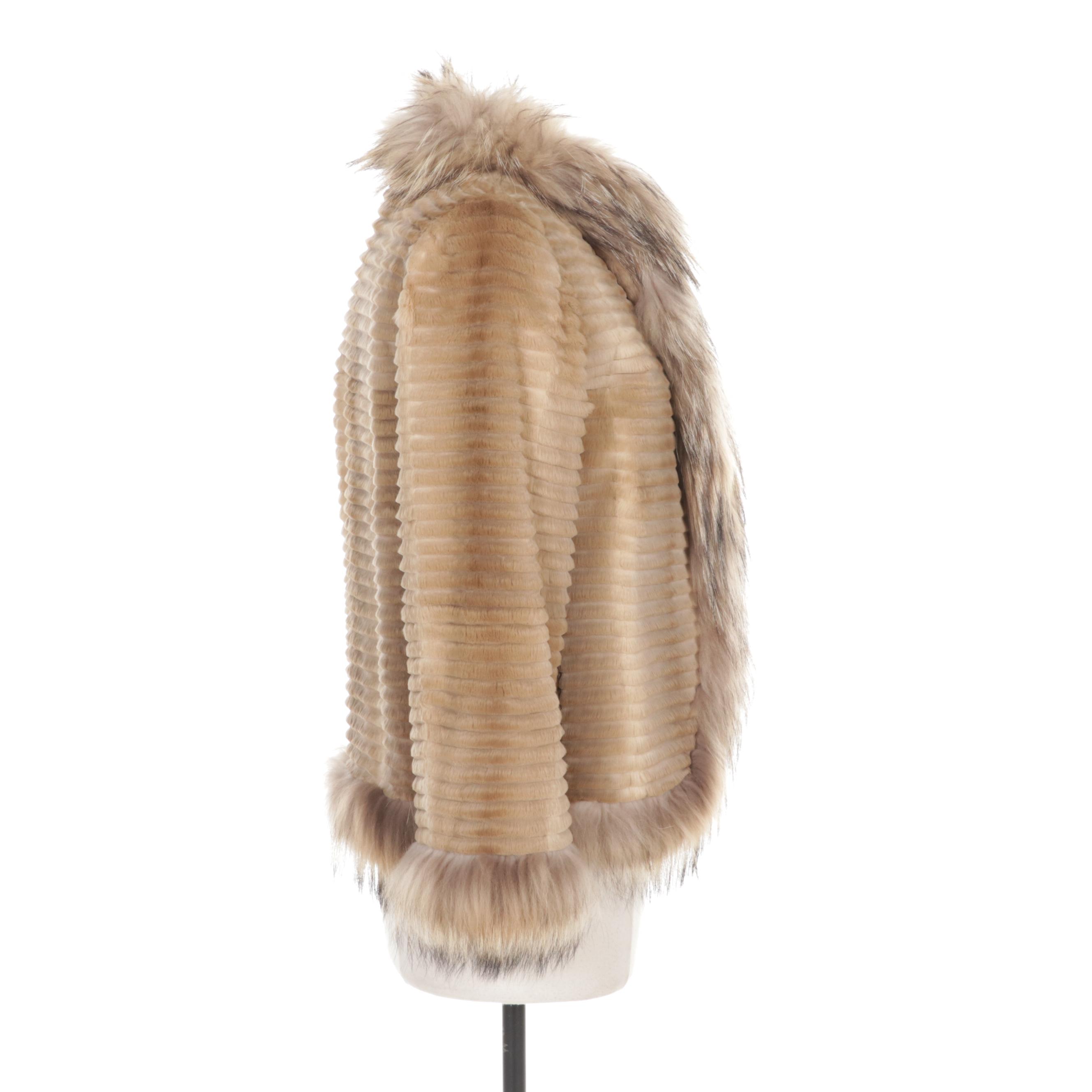 Carved Golden Dyed Mink Fur Jacket with Raccoon Fur Trim