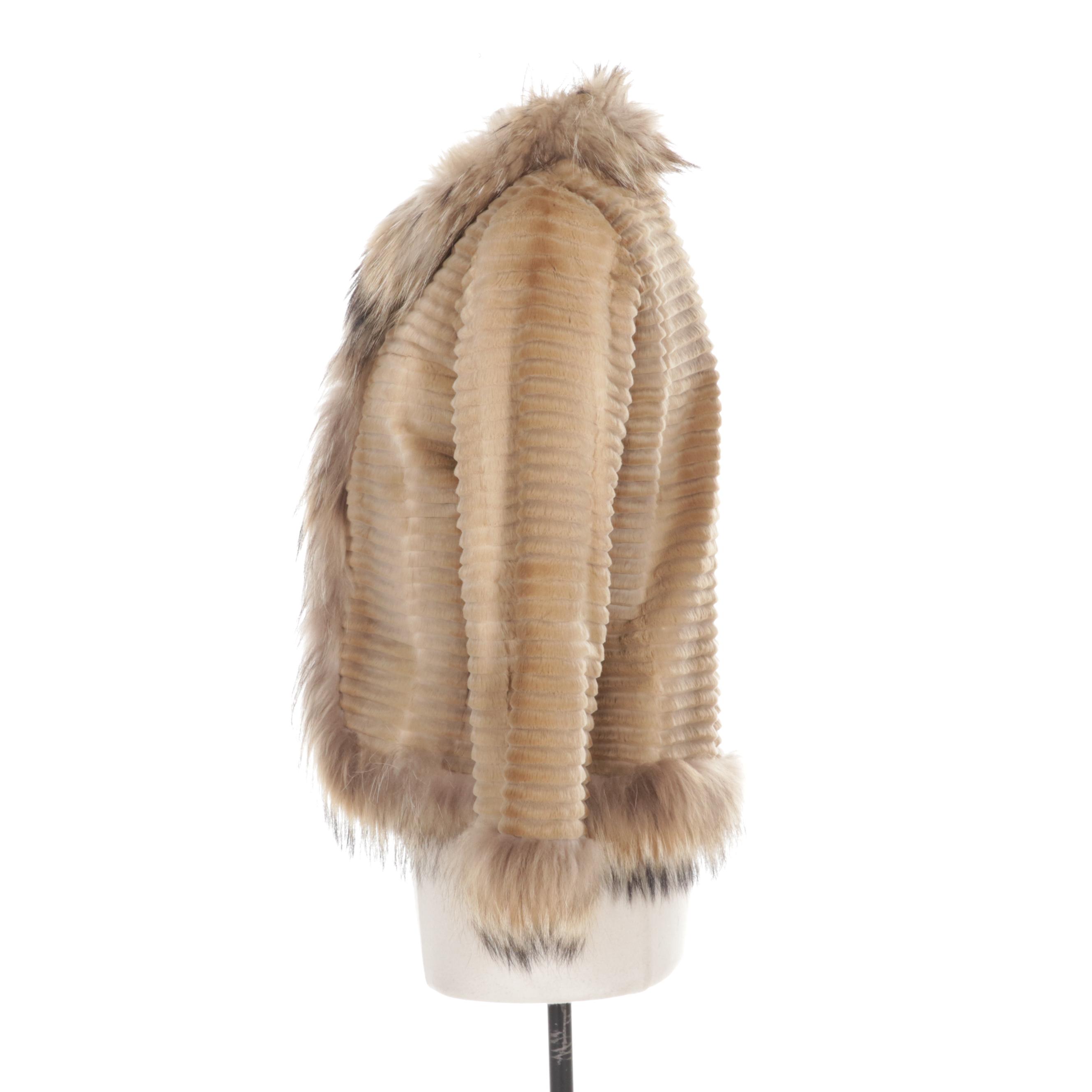 Carved Golden Dyed Mink Fur Jacket with Raccoon Fur Trim