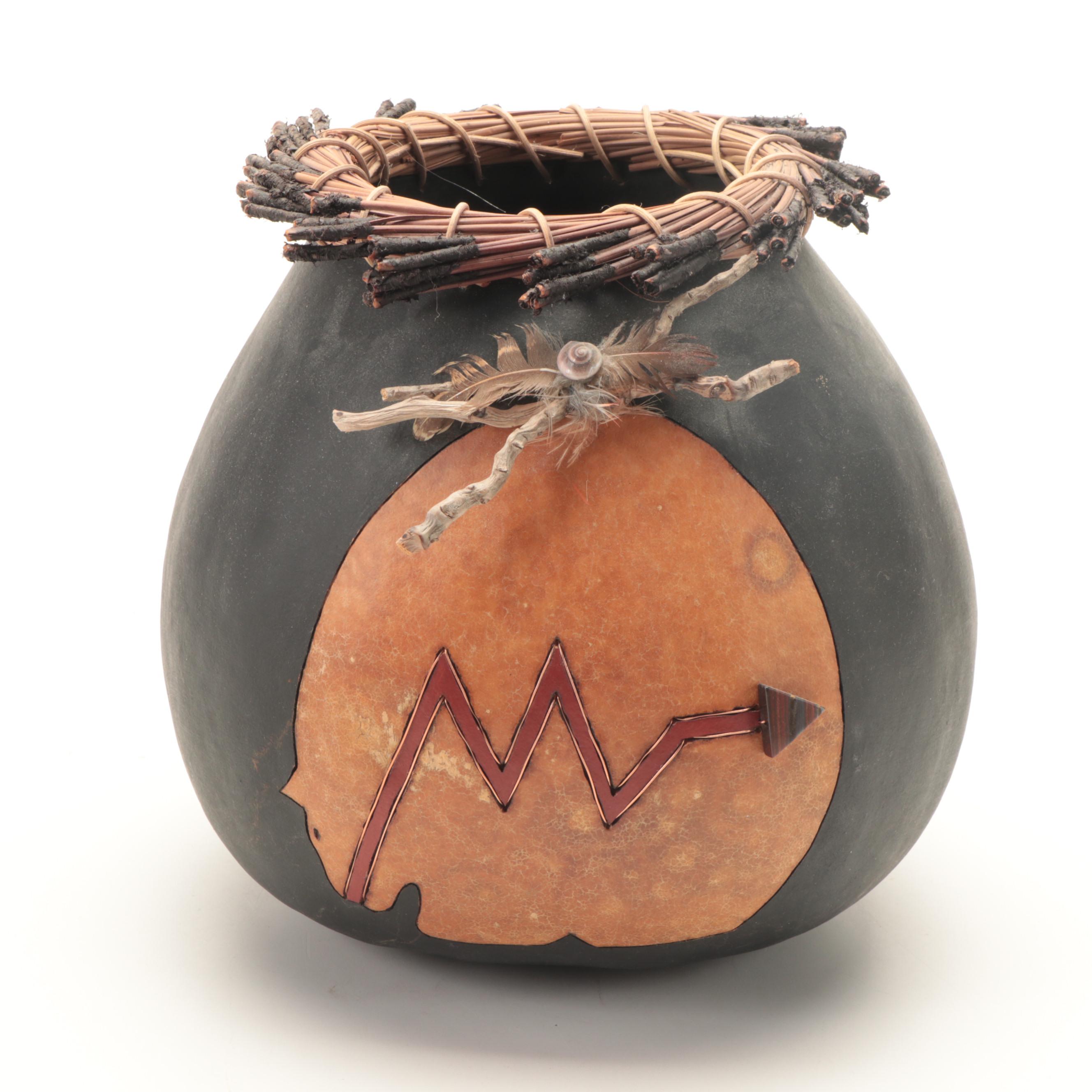 Kathleen Arndts Mixed Media Gourd Vessel with Other Hand-Painted Gourds