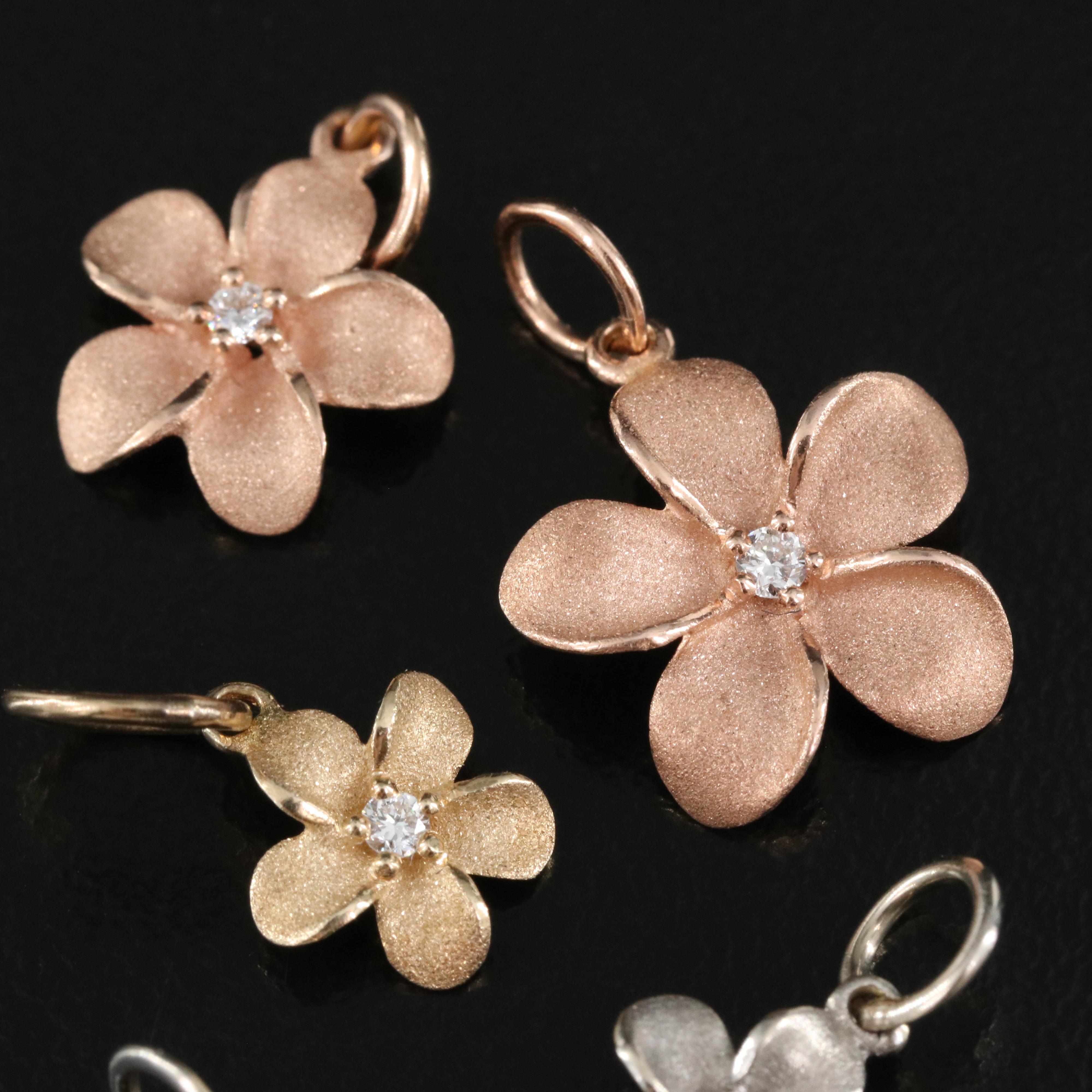 14K and Diamond Graduated Tri-Color Plumeria Pendants