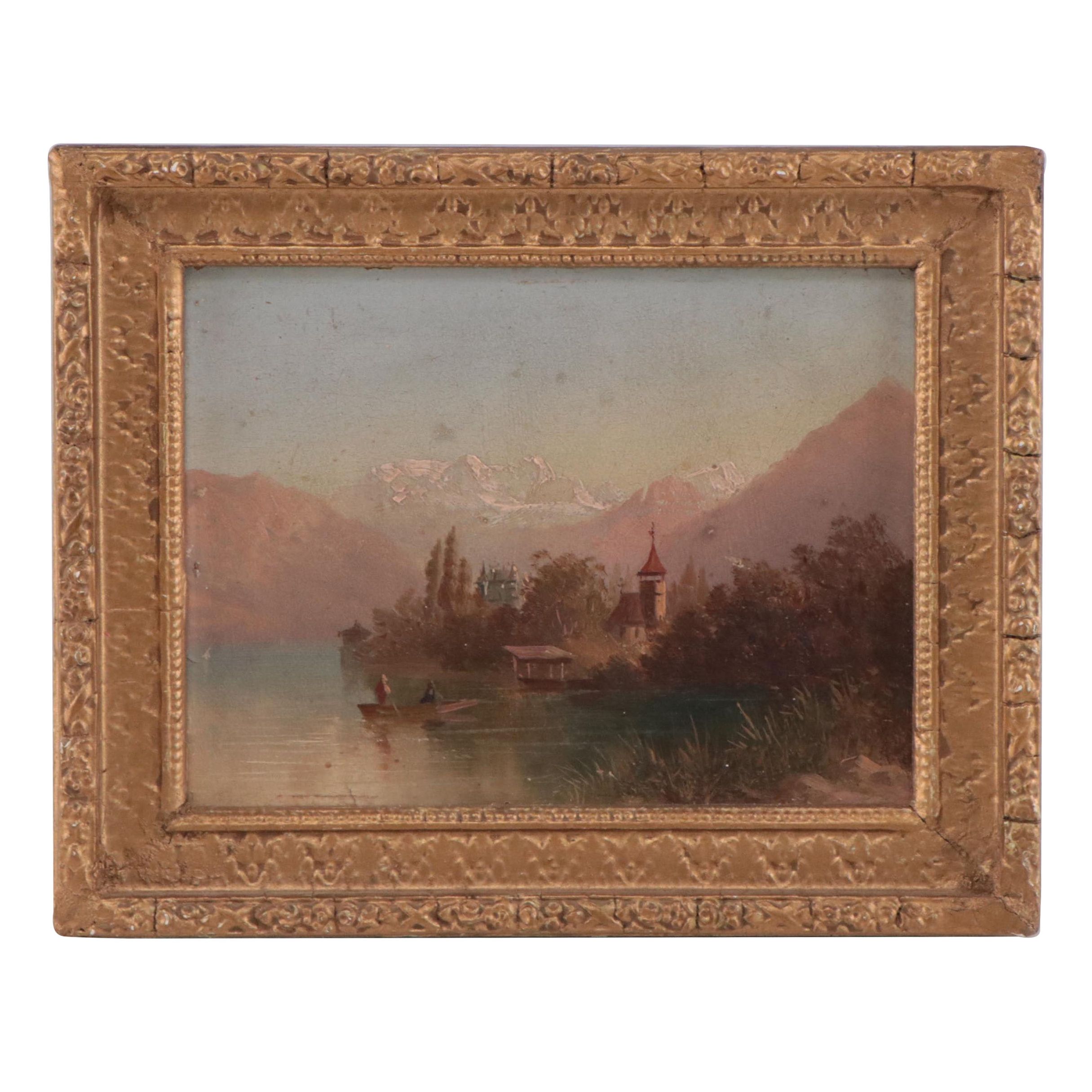 Swiss Lake Landscape Oil Painting, 19th Century