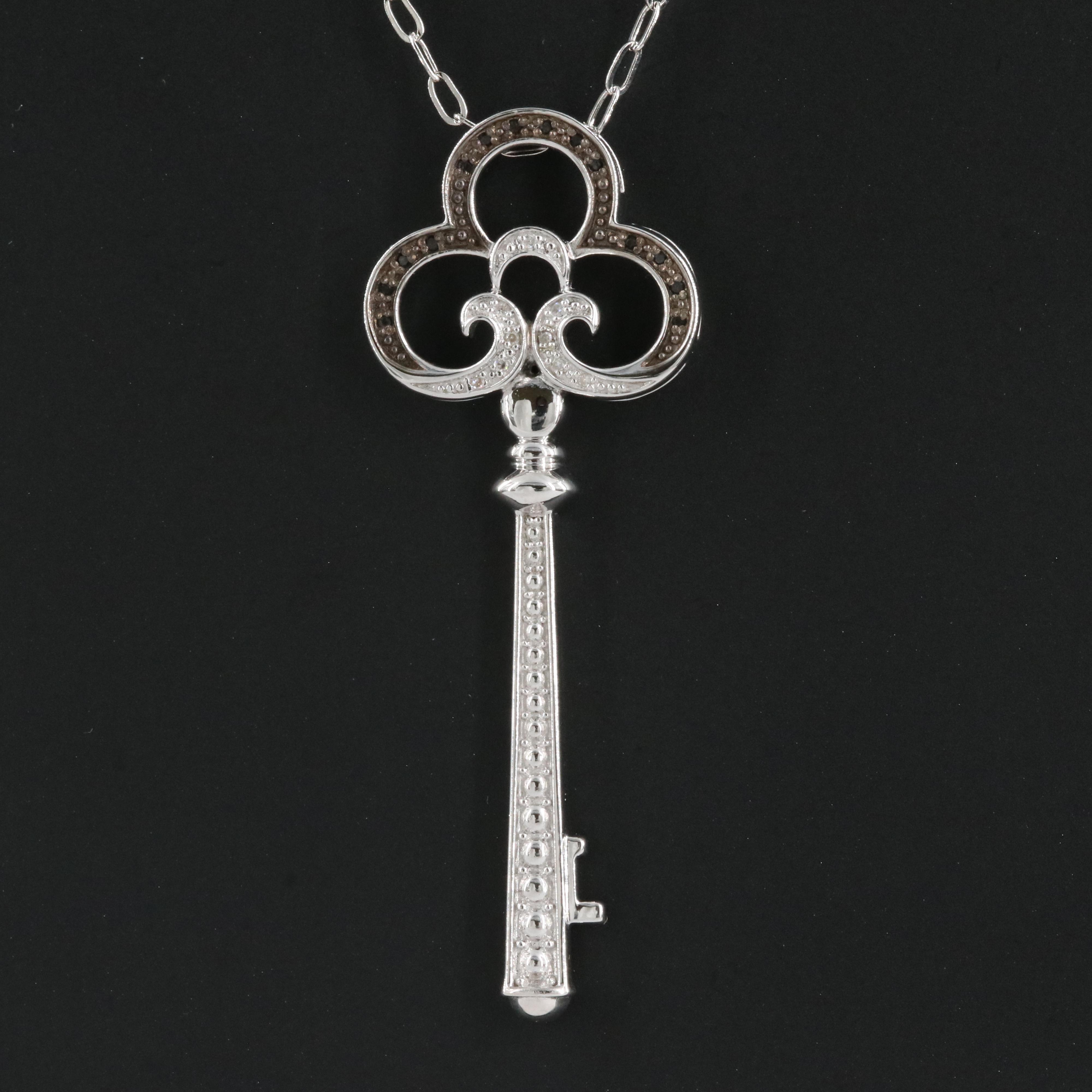 Sterling and Diamond Skeleton Key Pendant Necklace