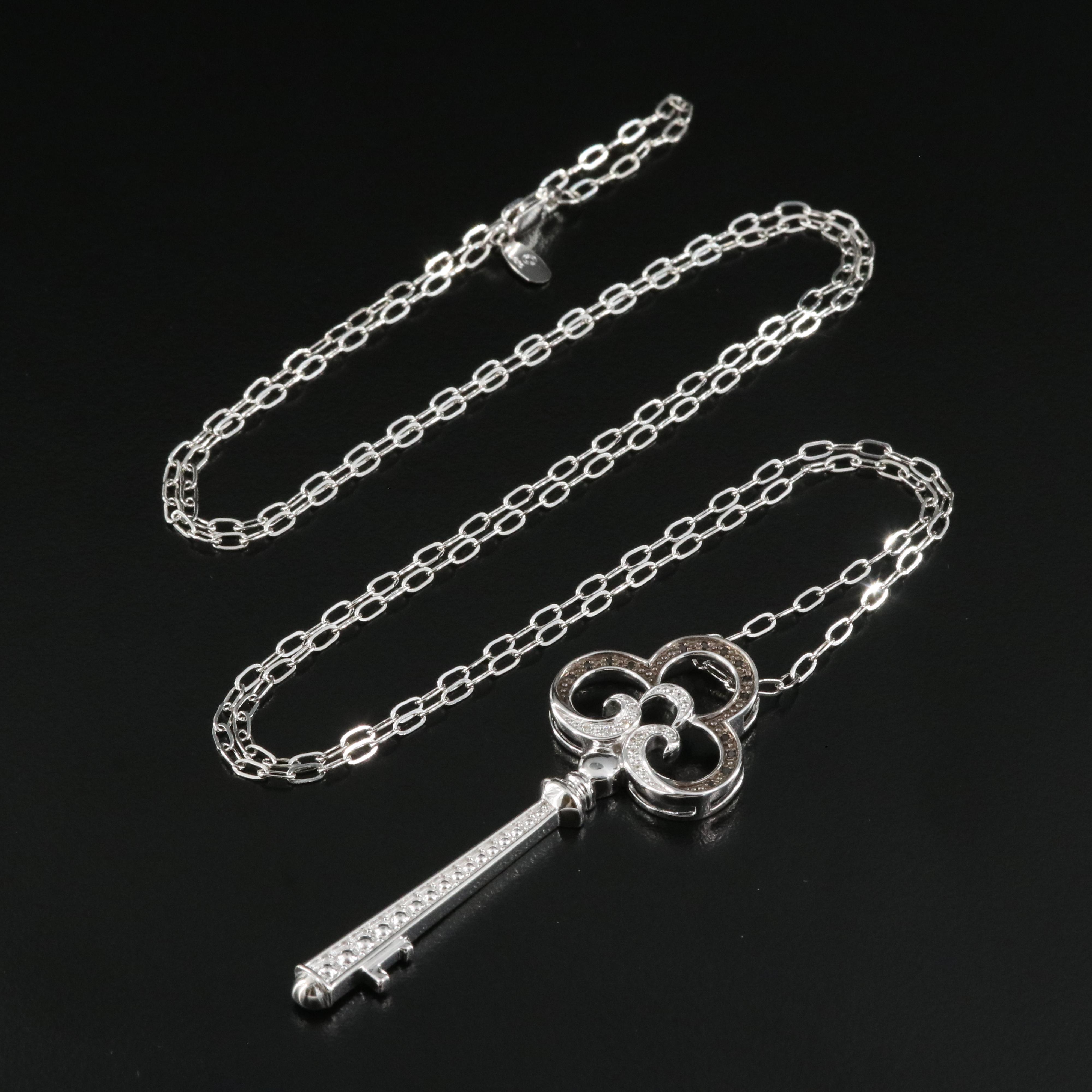 Sterling and Diamond Skeleton Key Pendant Necklace