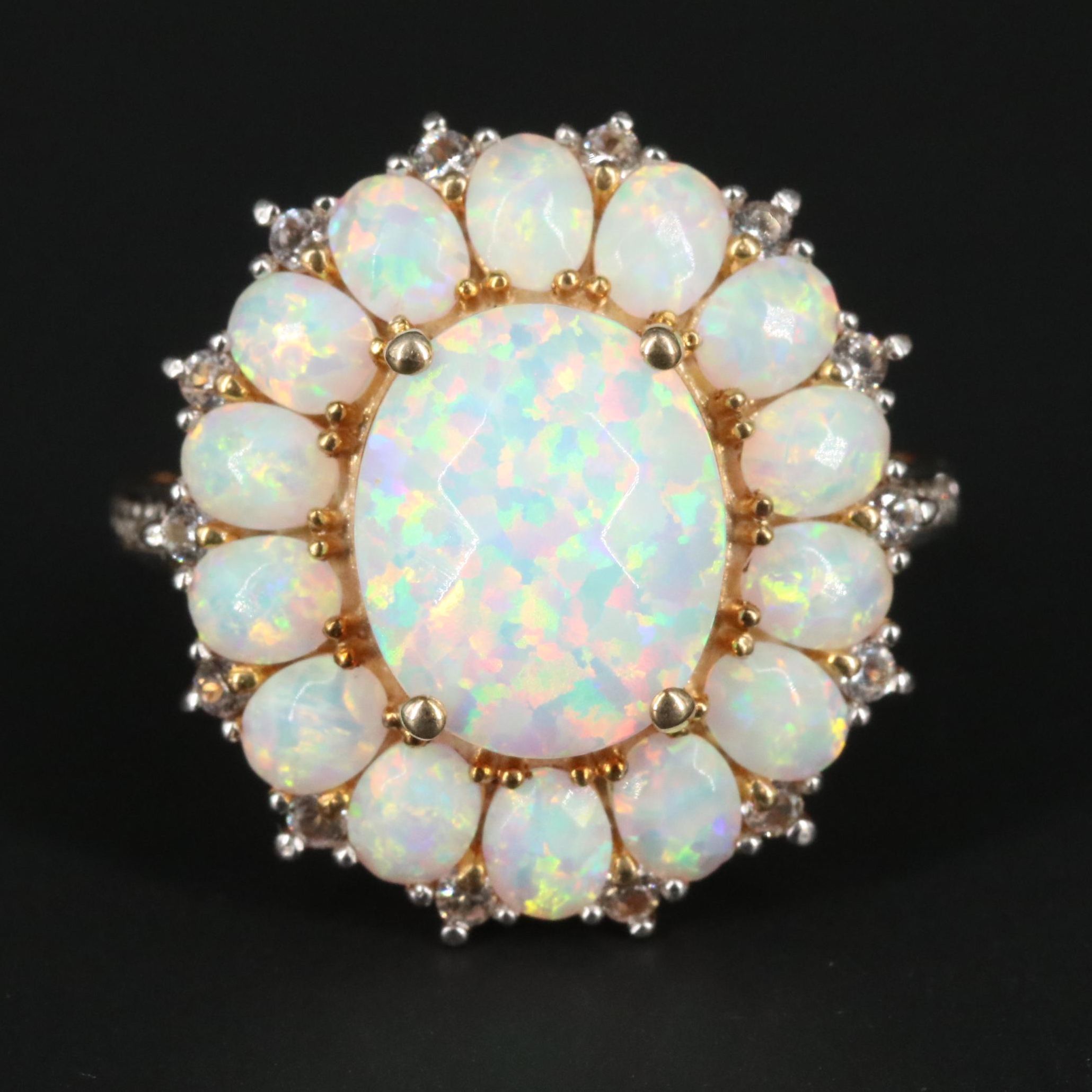 Sterling Silver Opal, Sapphire, and Diamond Ring