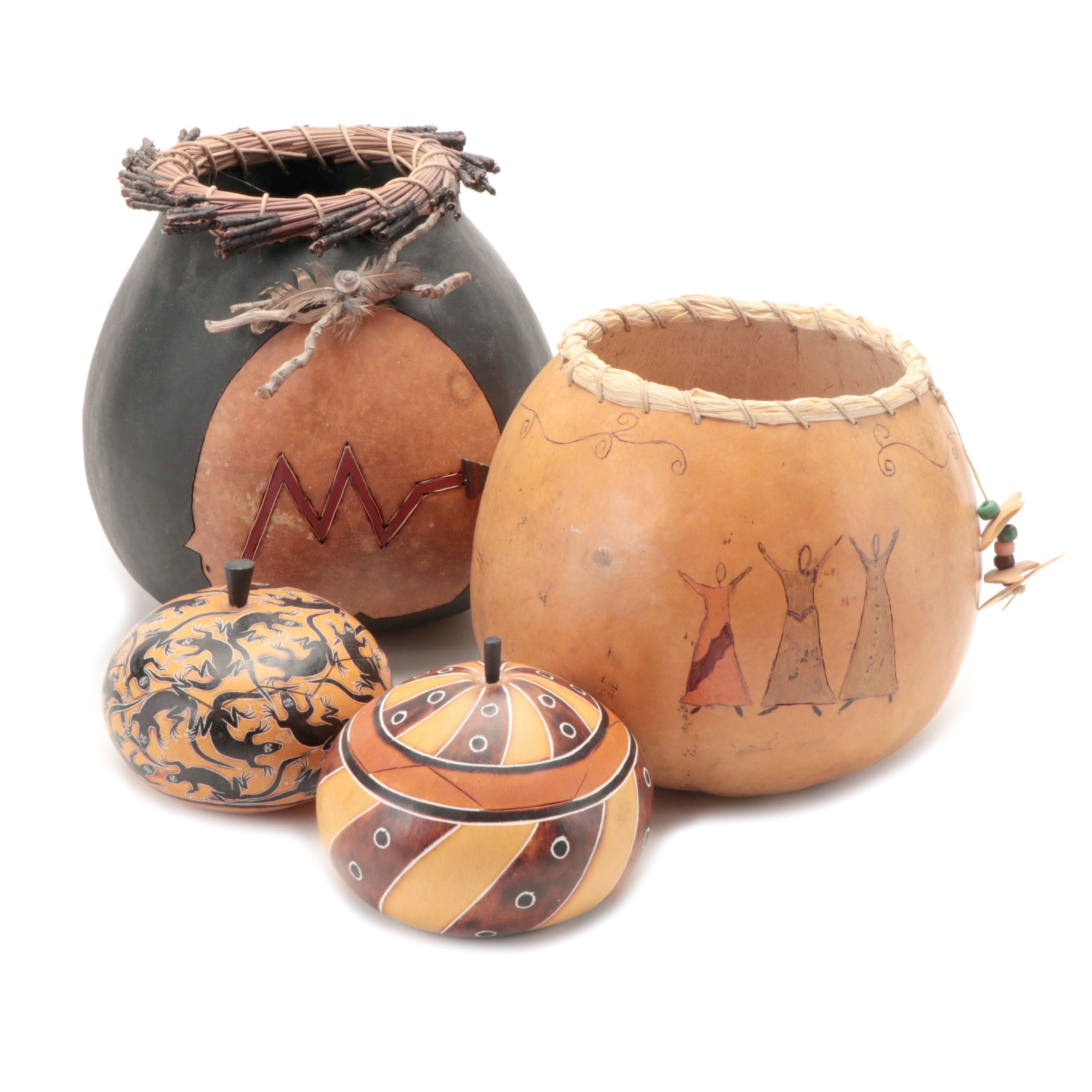 Kathleen Arndts Mixed Media Gourd Vessel with Other Hand-Painted Gourds