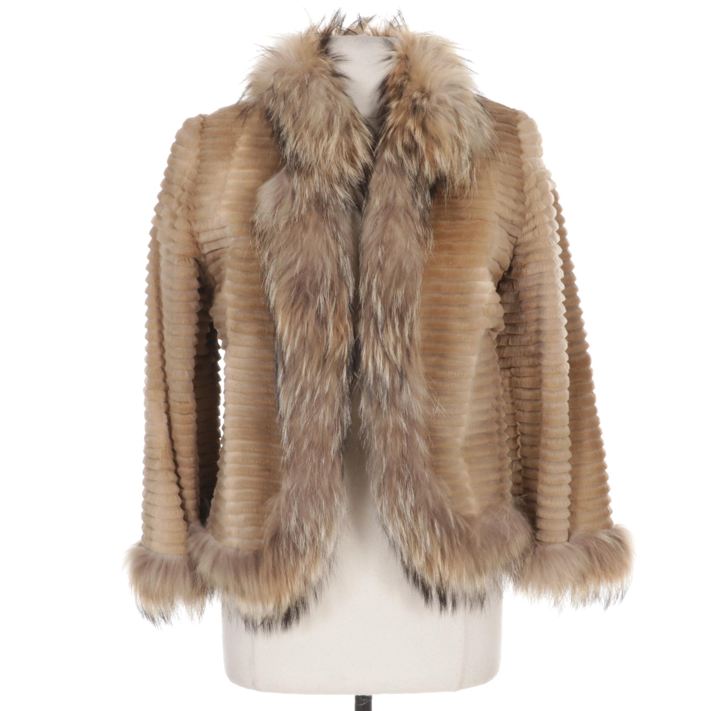 Carved Golden Dyed Mink Fur Jacket with Raccoon Fur Trim