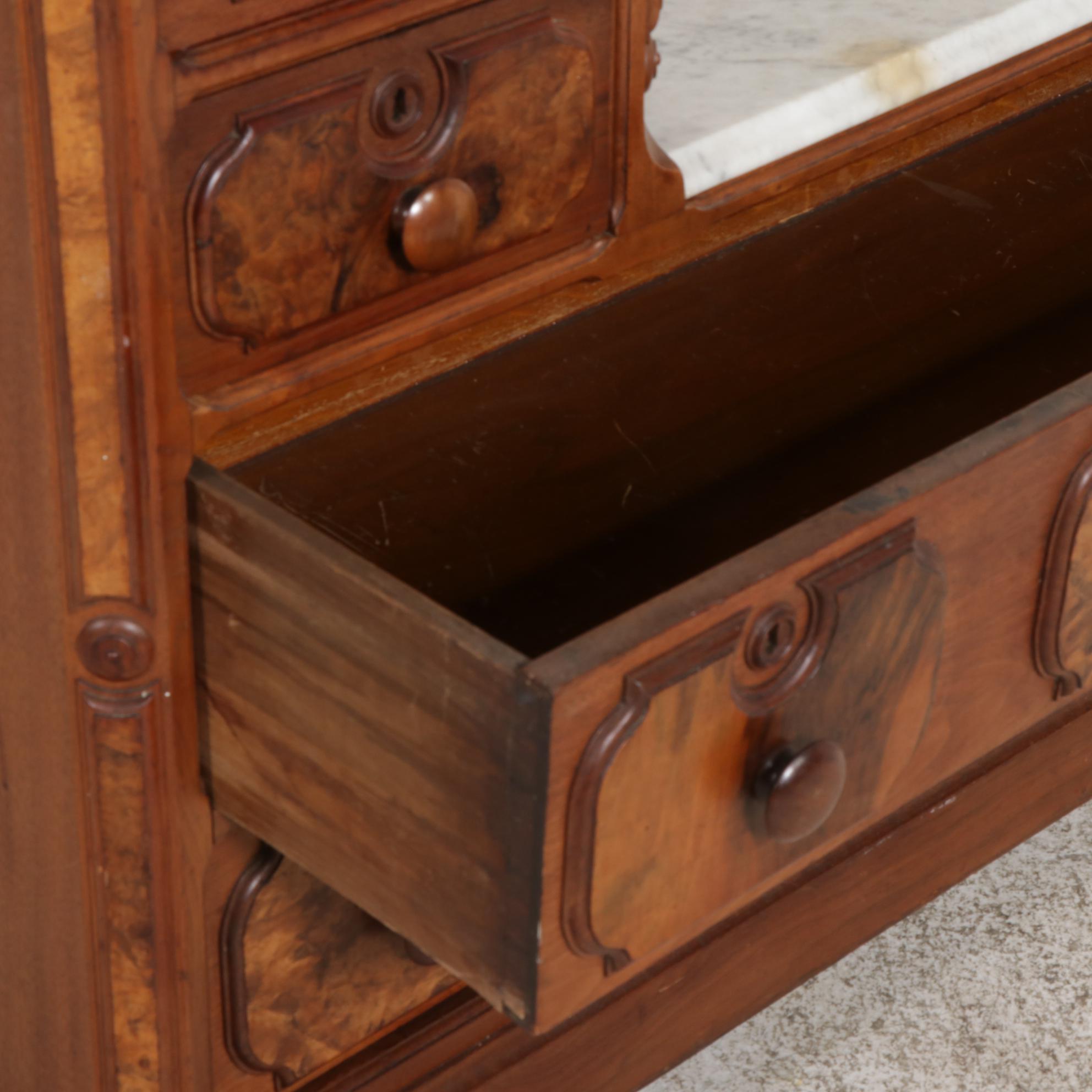 Victorian Walnut, Burl Walnut and Marble-Top Dresser, Late 19th Century