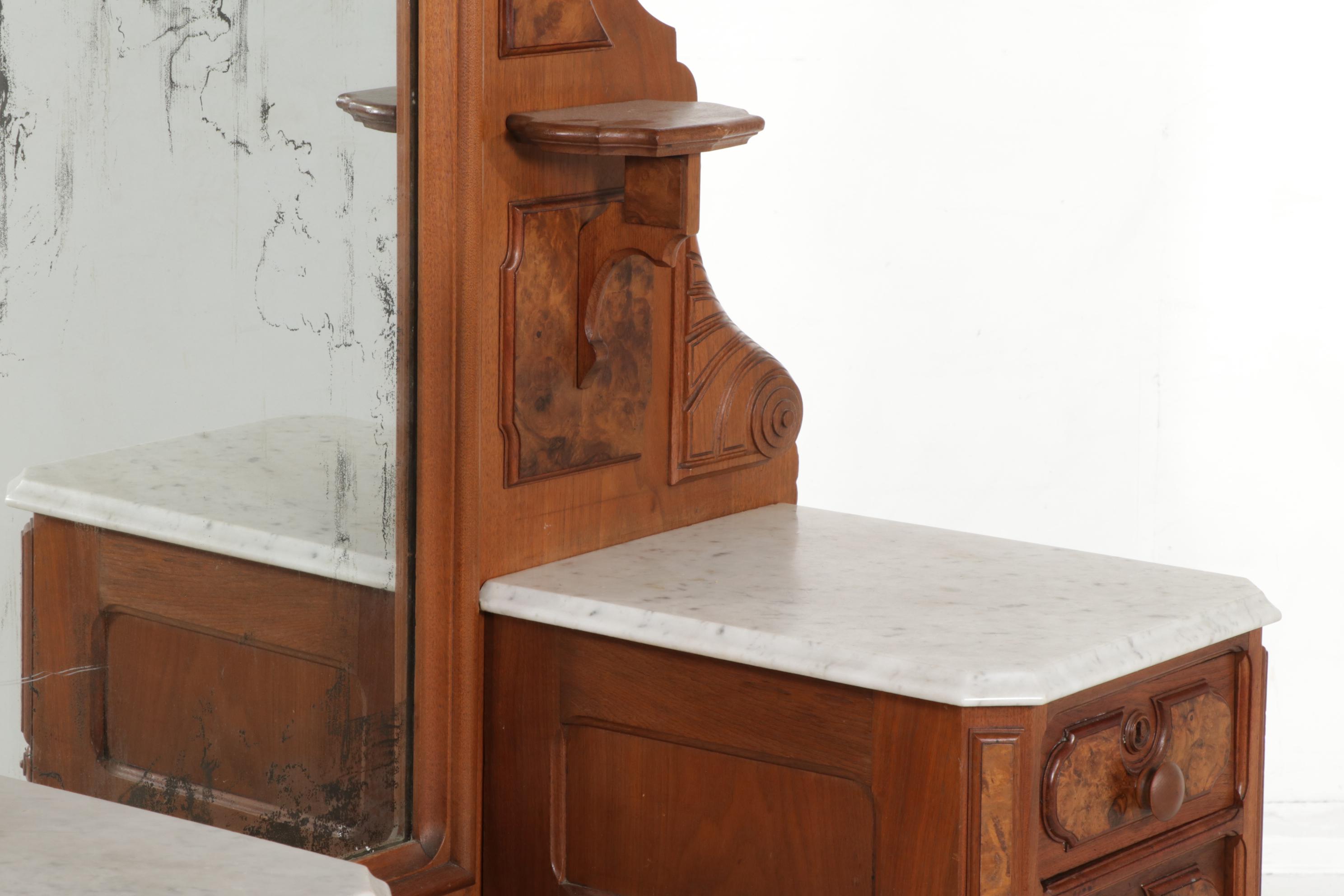 Victorian Walnut, Burl Walnut and Marble-Top Dresser, Late 19th Century