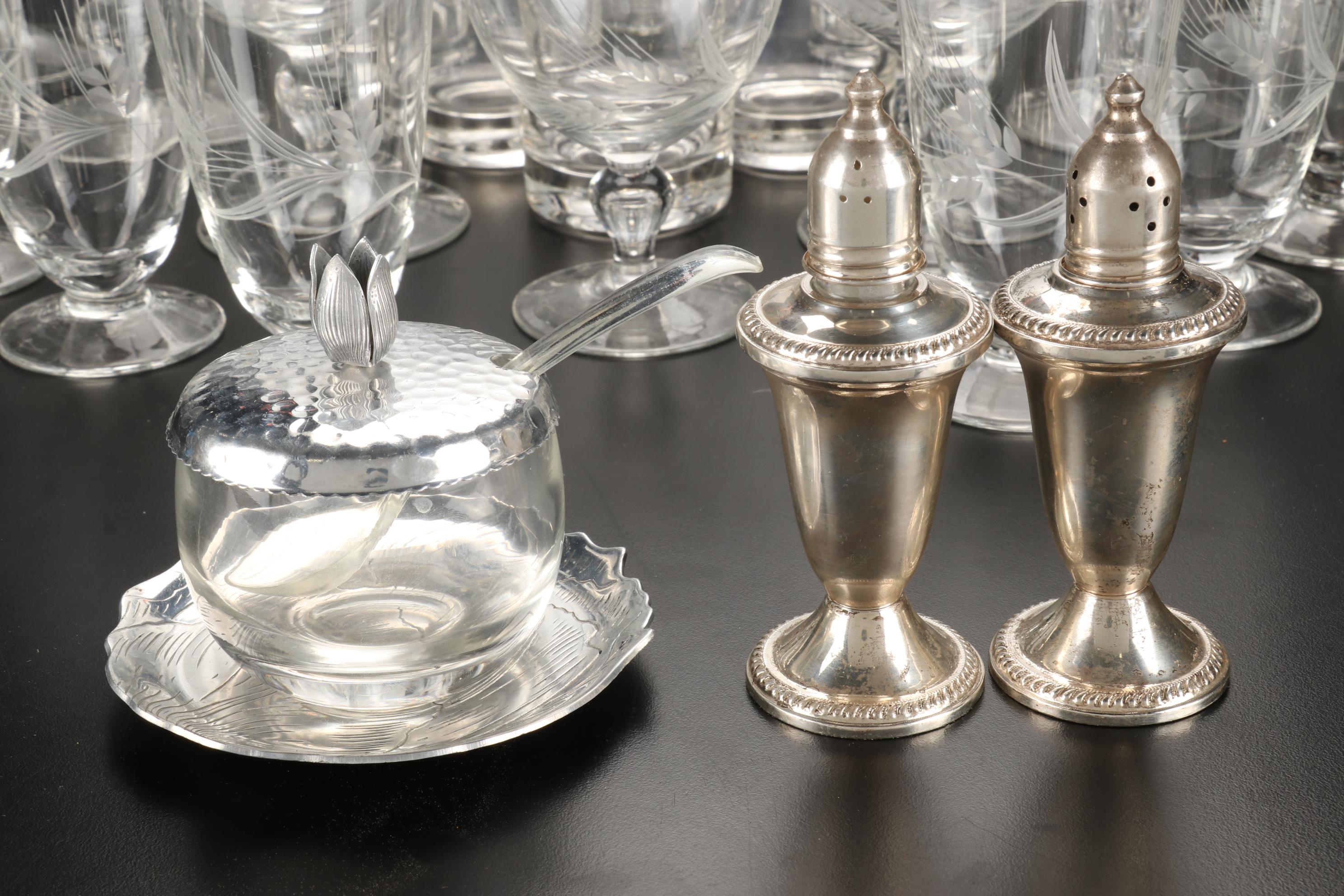 Fostoria "Wheat" & "Holly" Stemware & Tumblers with Other Table Accessories