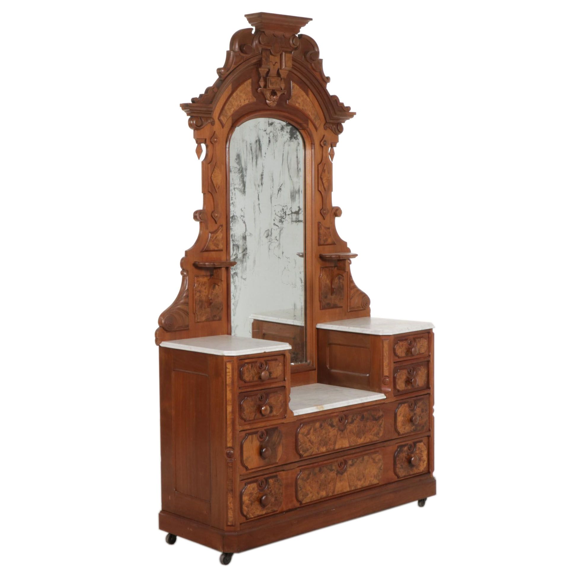 Victorian Walnut, Burl Walnut and Marble-Top Dresser, Late 19th Century