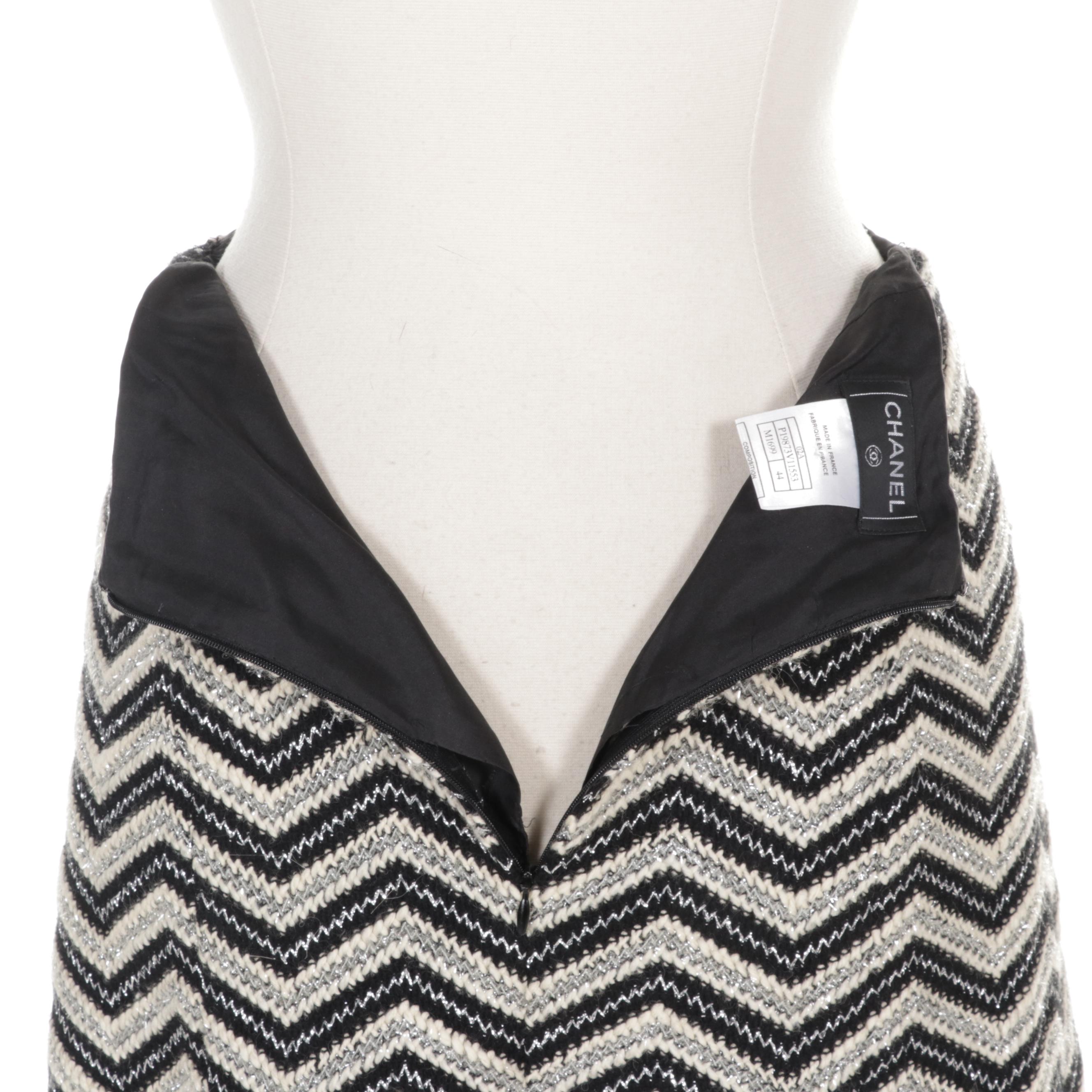 Chanel Chevron Patterned Wool Blend Skirt with Metallic Threads