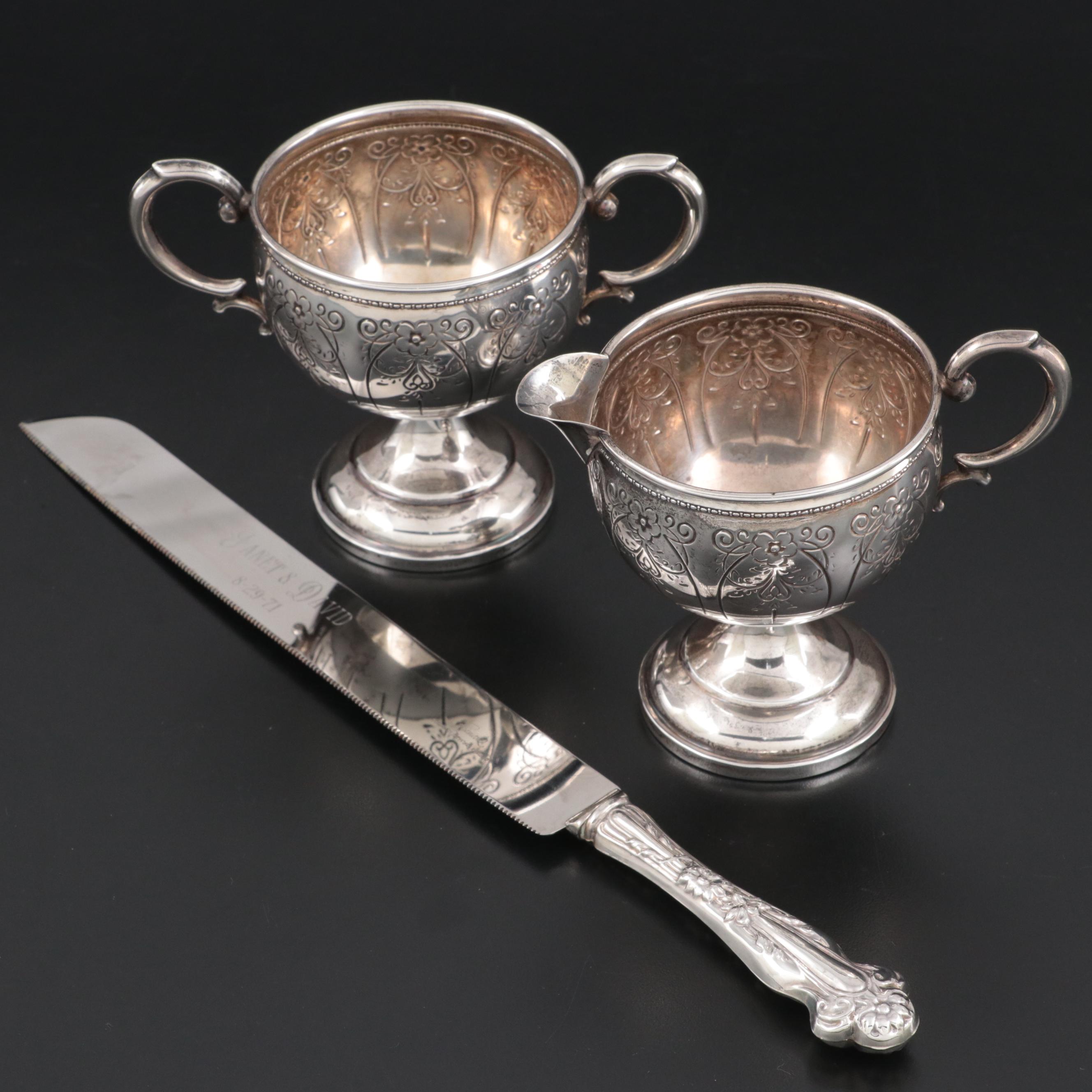 Hamilton Weighted Sterling Creamer and Sugar Bowl with Raimond Cake Knife