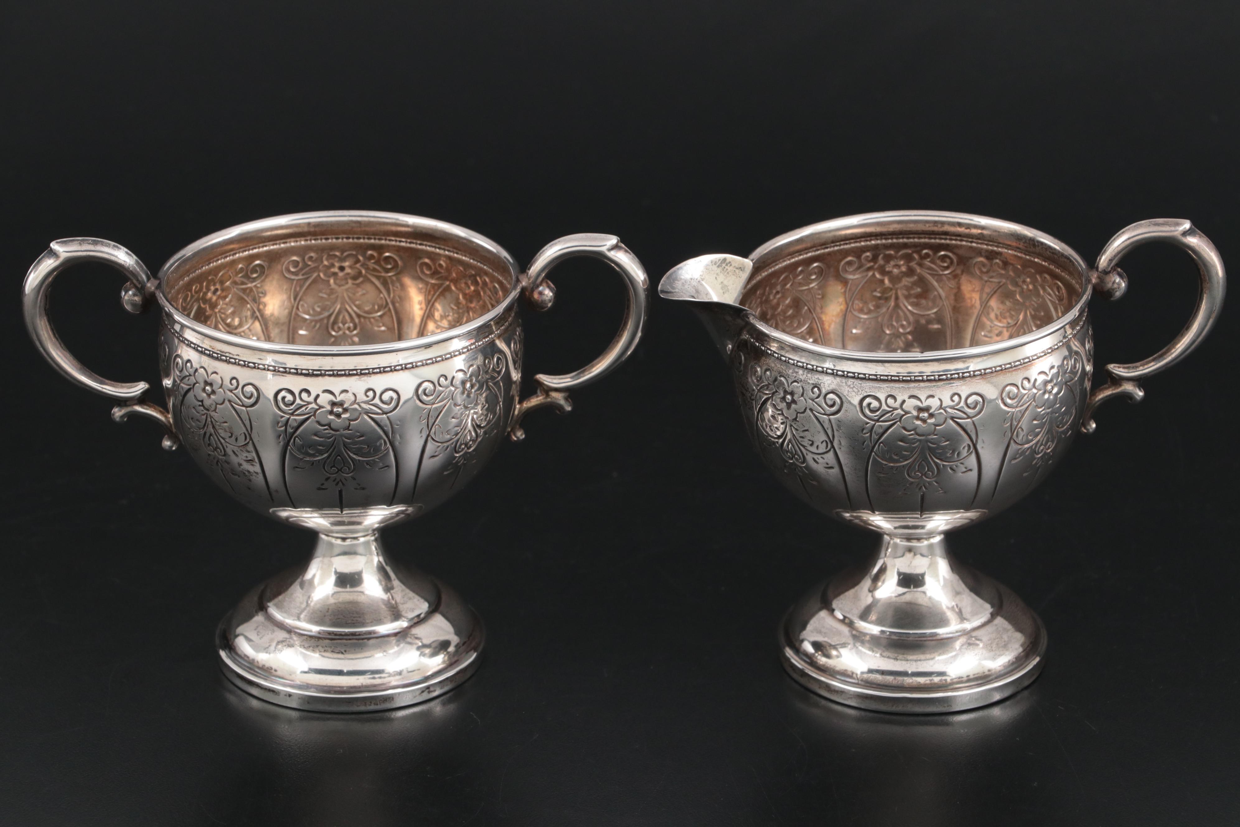 Hamilton Weighted Sterling Creamer and Sugar Bowl with Raimond Cake Knife