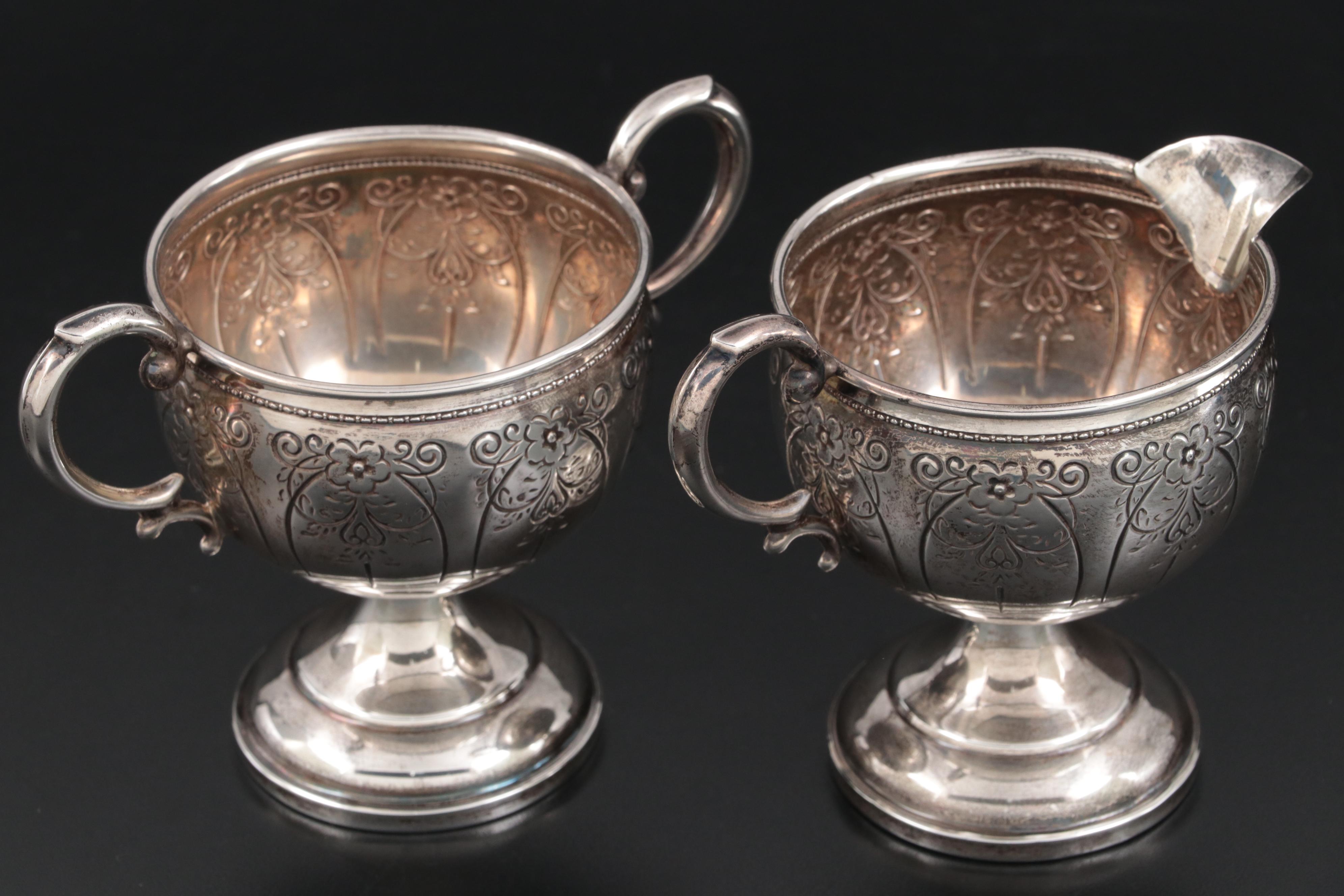 Hamilton Weighted Sterling Creamer and Sugar Bowl with Raimond Cake Knife