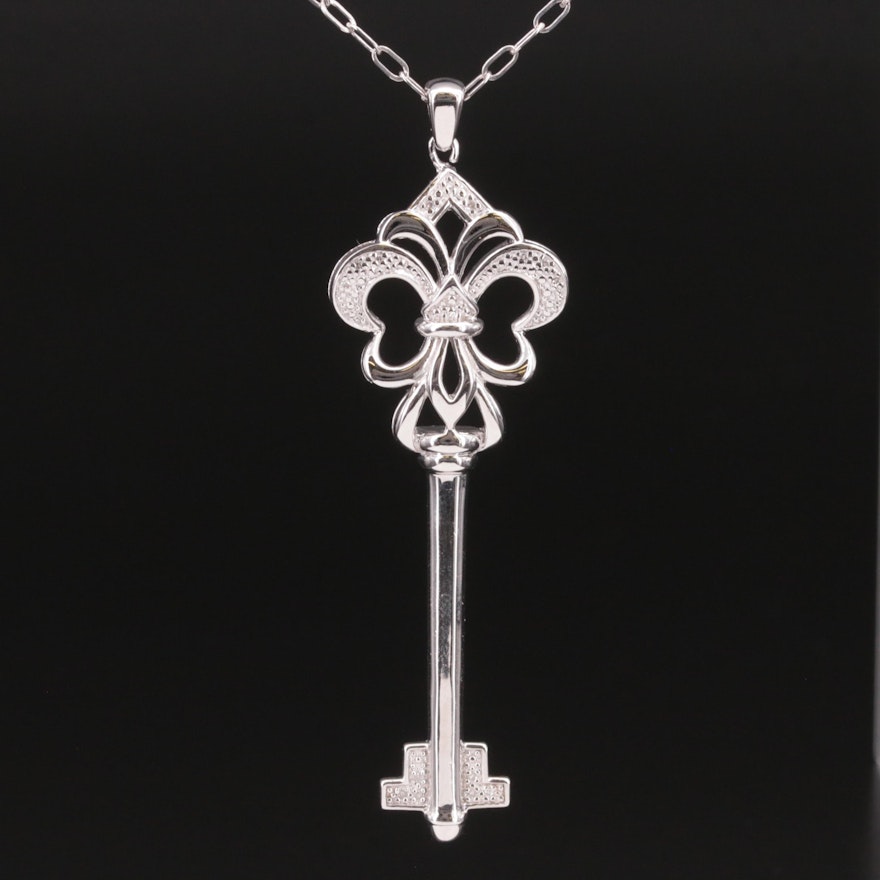 Sterling Diamond Flueur-de-lis Key Pendant Necklace