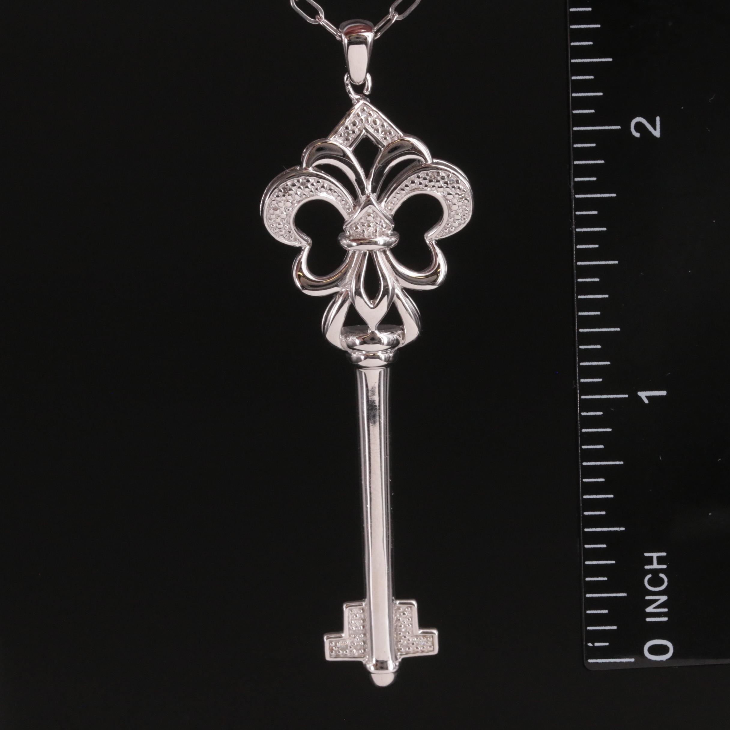 Sterling Diamond Flueur-de-lis Key Pendant Necklace