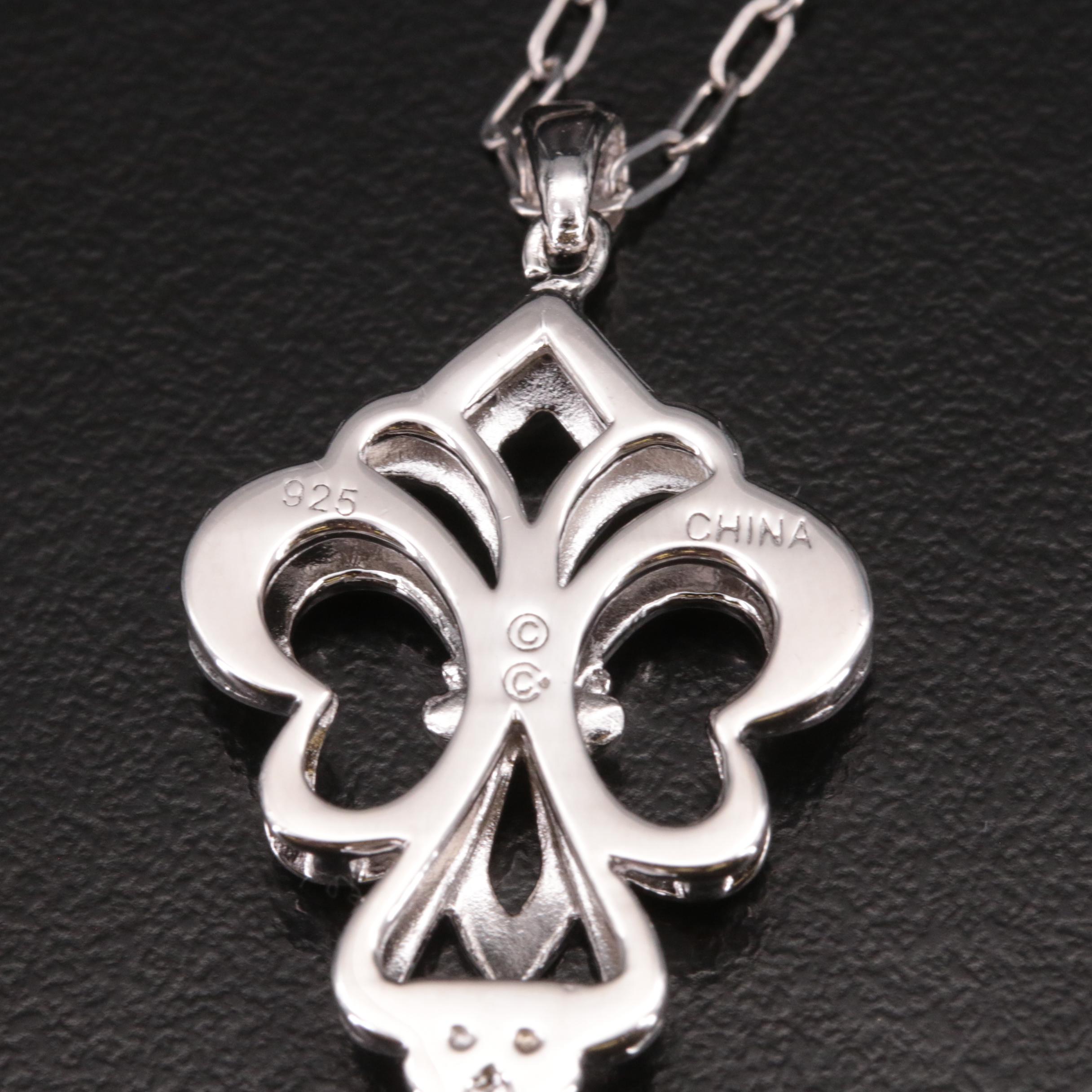 Sterling Diamond Flueur-de-lis Key Pendant Necklace