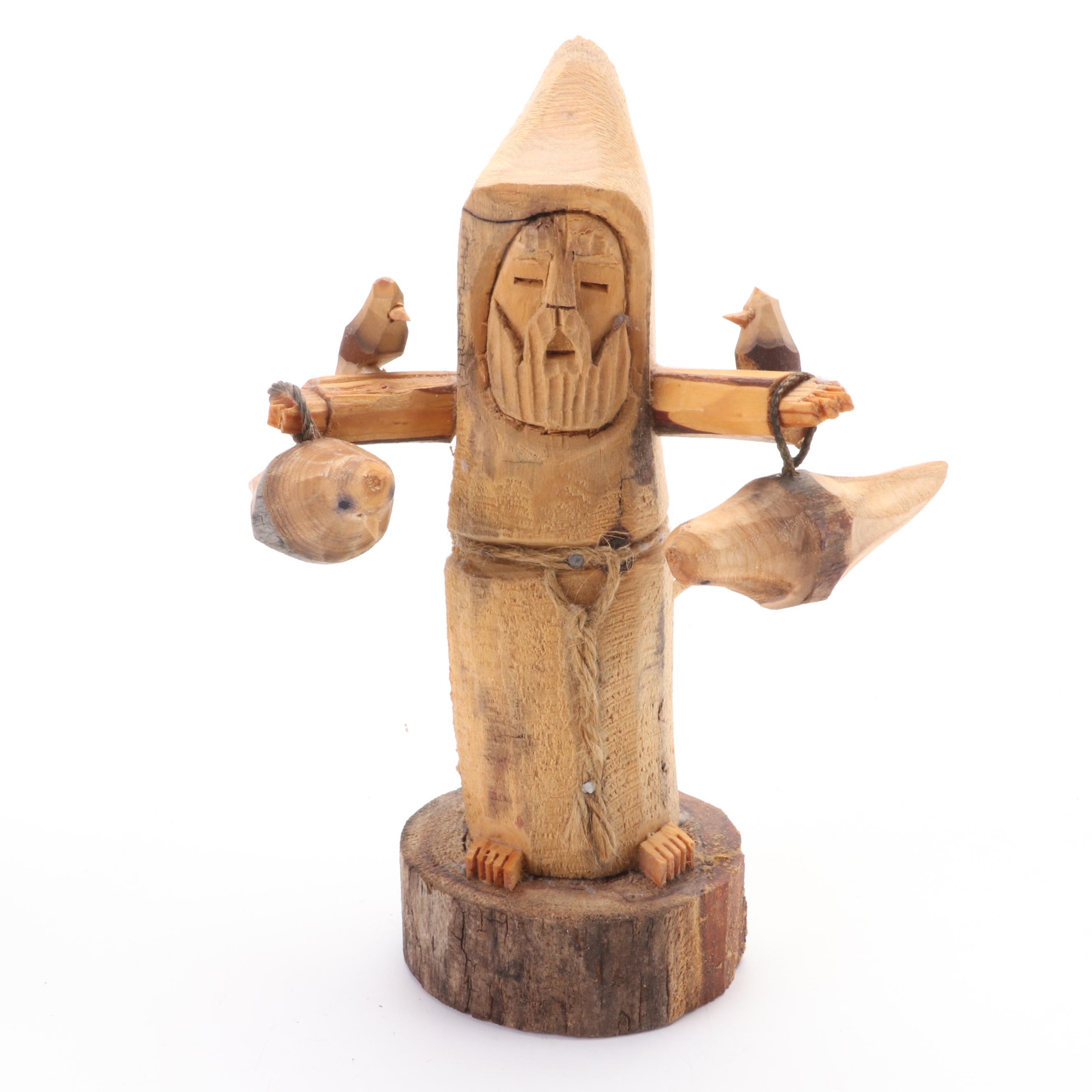 Hector Rascon Signed St. Francis of Assisi Wood Sculpture with Bird Adornments