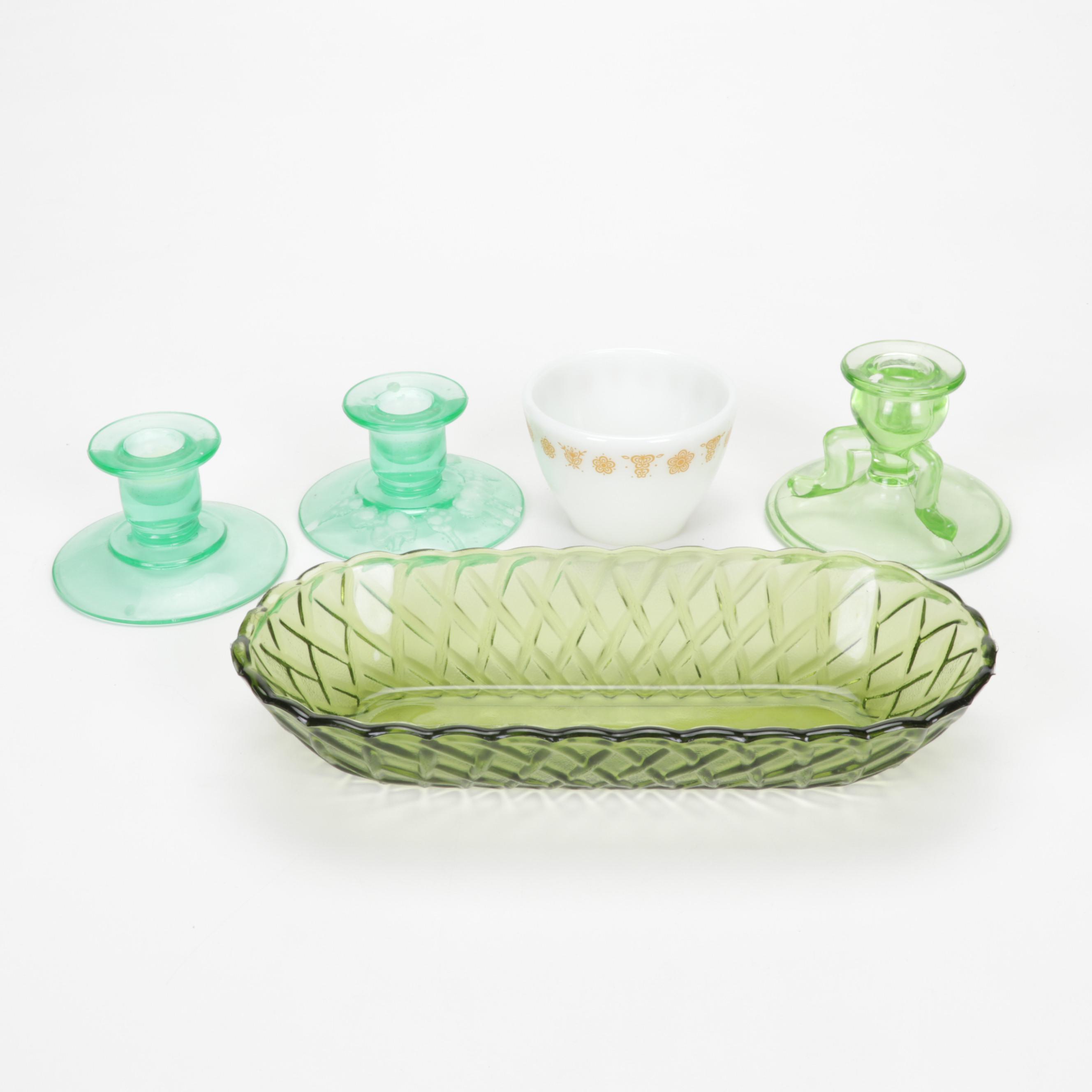 Hazel-Atlas "Florentine" Pink Depression Glass Bowls with Other Tableware