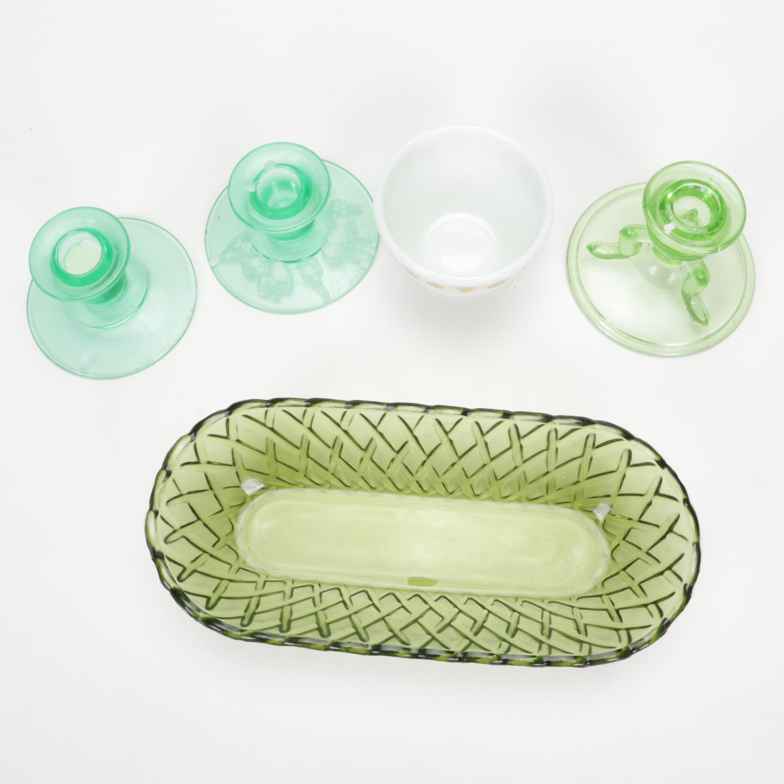 Hazel-Atlas "Florentine" Pink Depression Glass Bowls with Other Tableware