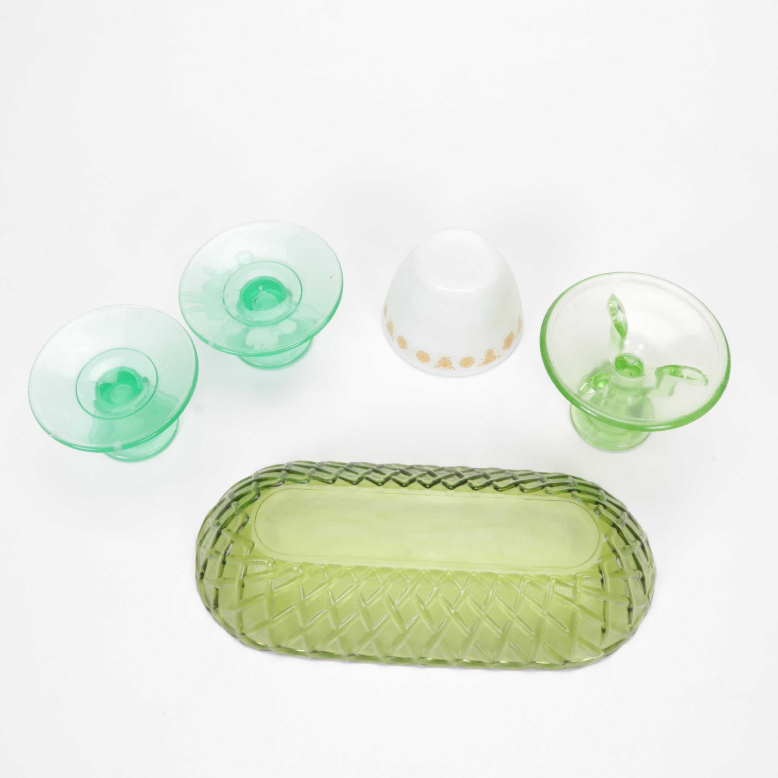 Hazel-Atlas "Florentine" Pink Depression Glass Bowls with Other Tableware