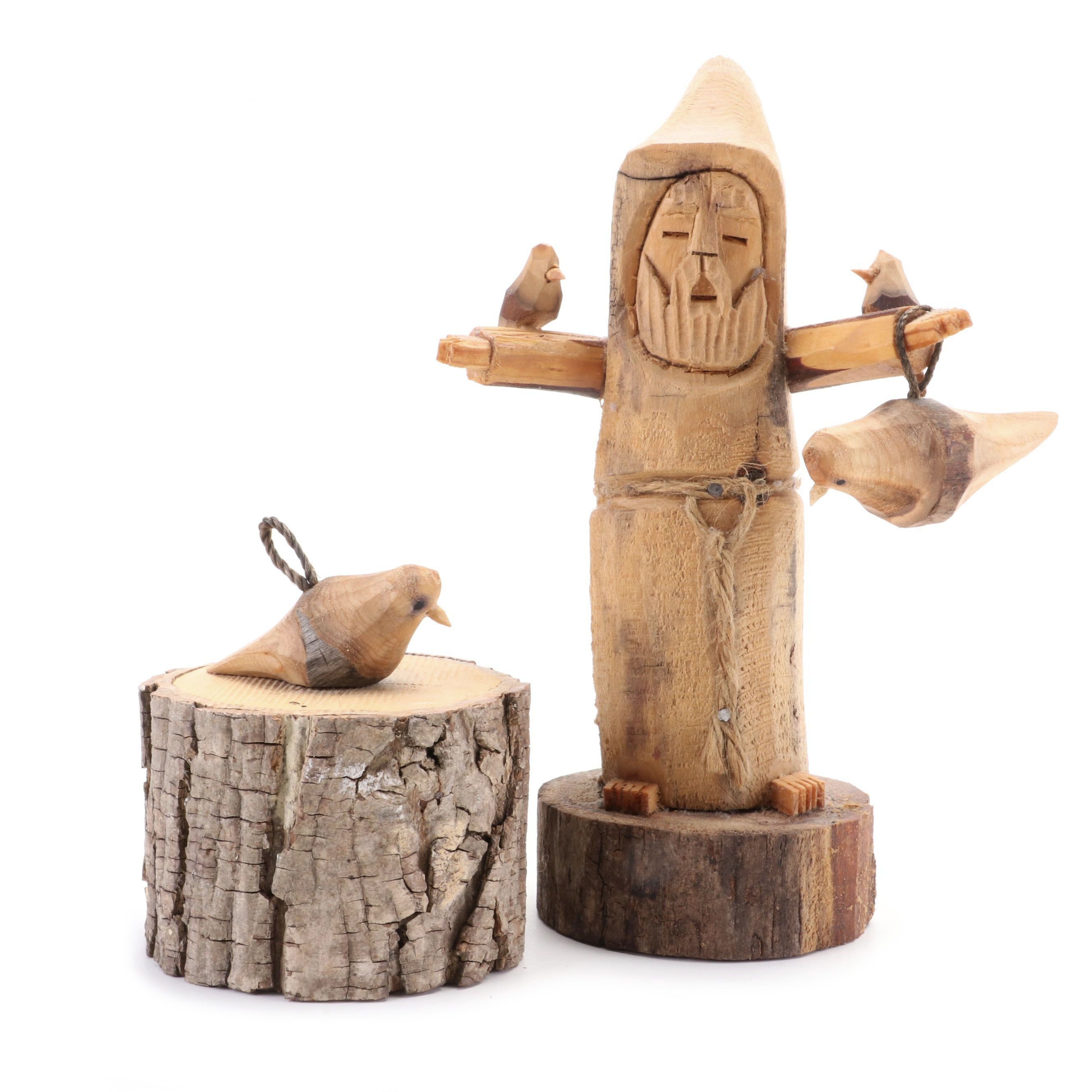 Hector Rascon Signed St. Francis of Assisi Wood Sculpture with Bird Adornments