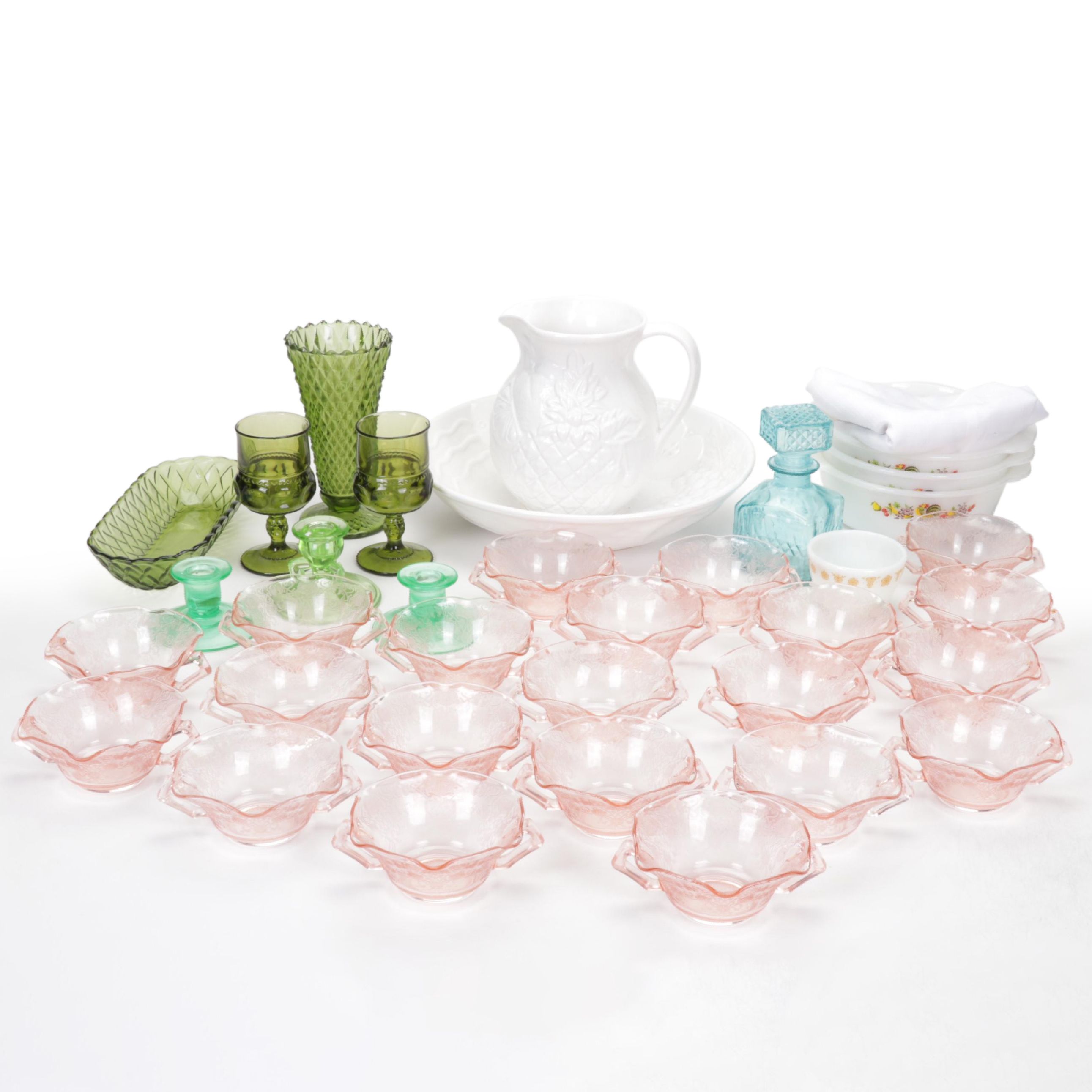 Hazel-Atlas "Florentine" Pink Depression Glass Bowls with Other Tableware