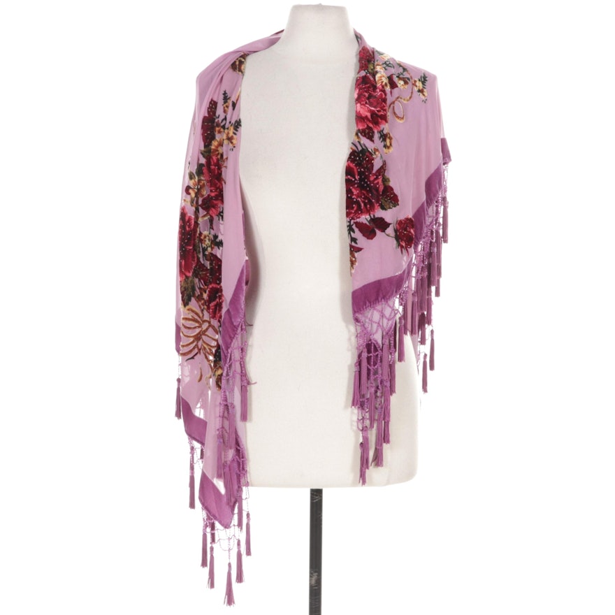 Velvet Trimmed Silk Blend Piano Shawl with Floral Motif and Beaded Fringe