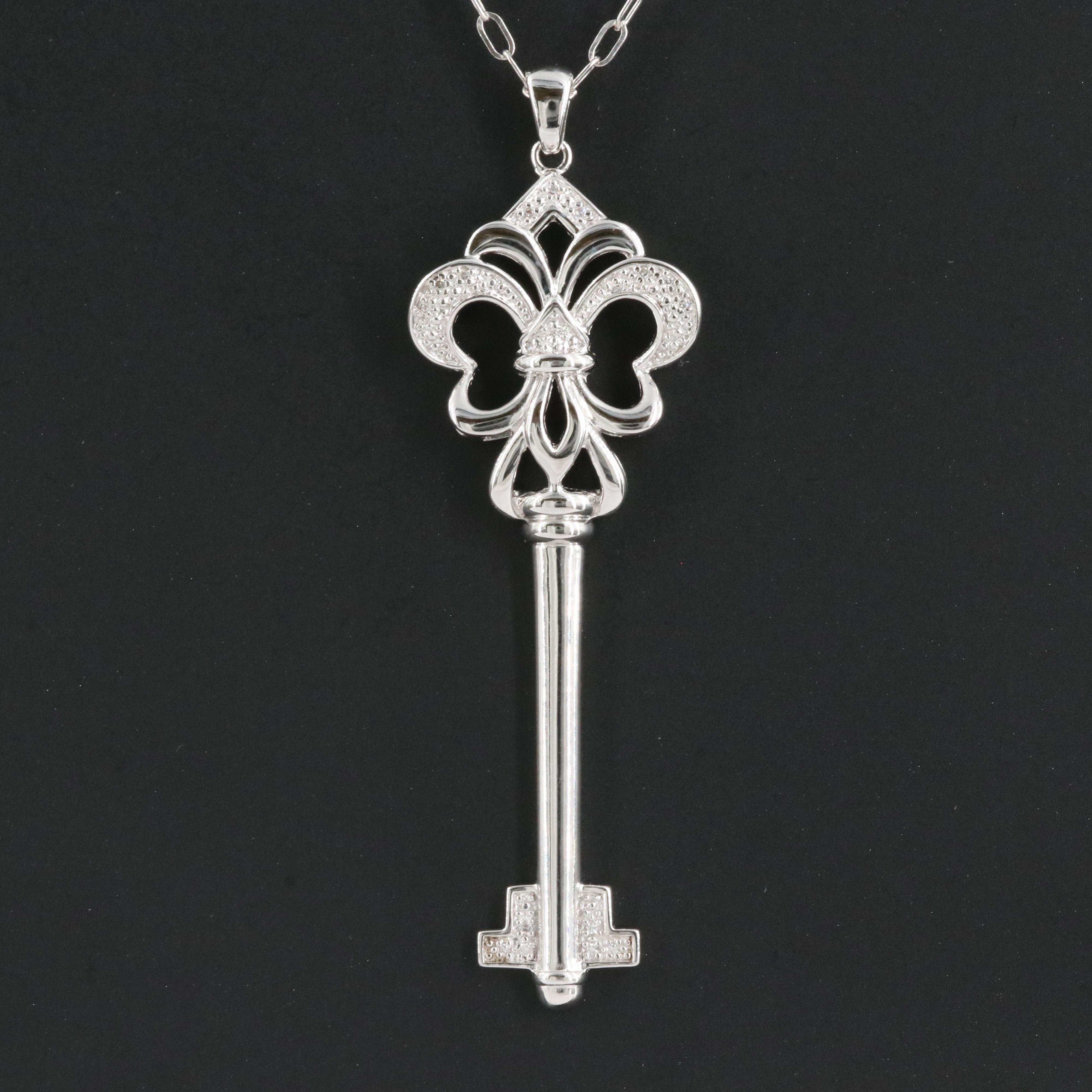 Sterling Diamond Skeleton Key Pendant Necklace