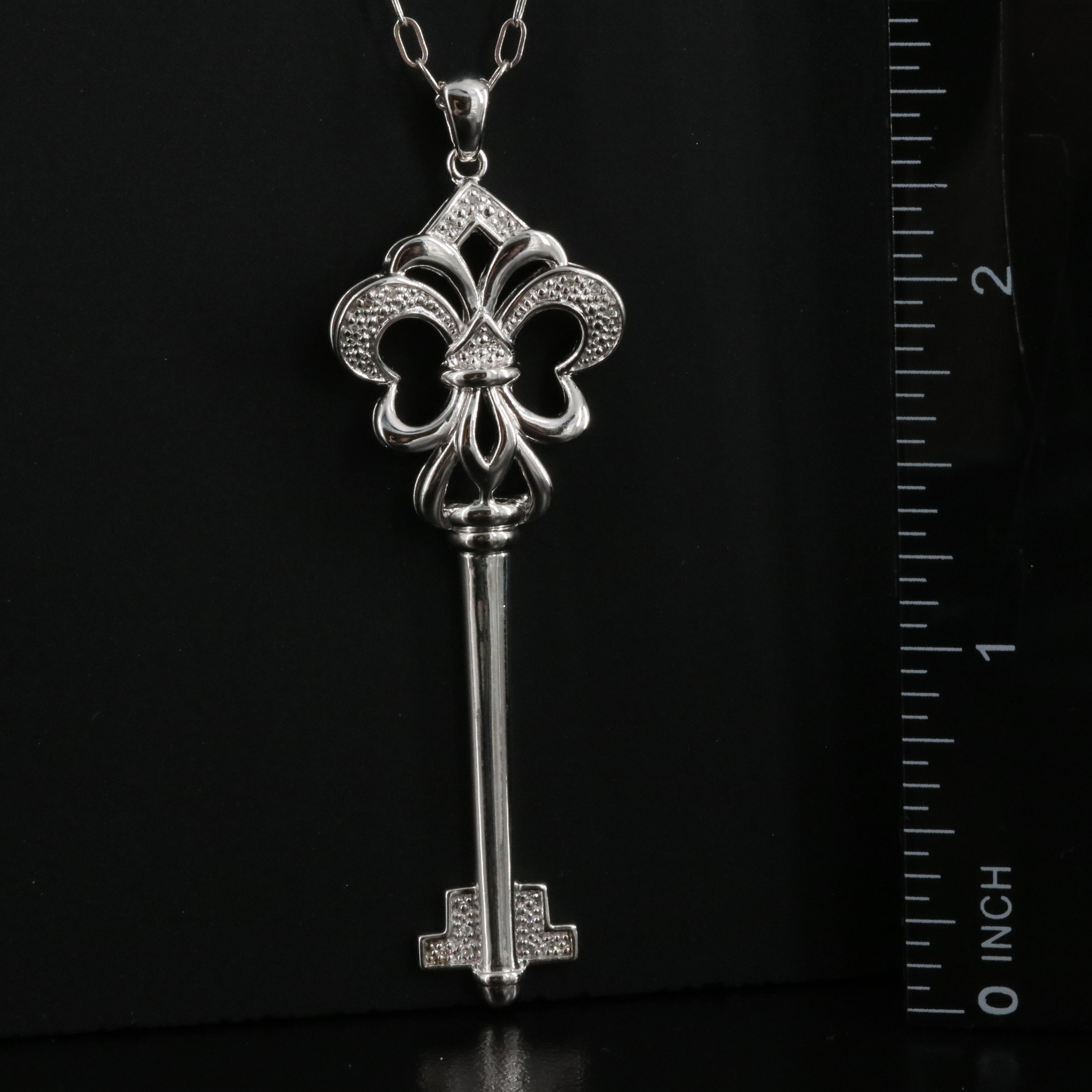 Sterling Diamond Skeleton Key Pendant Necklace