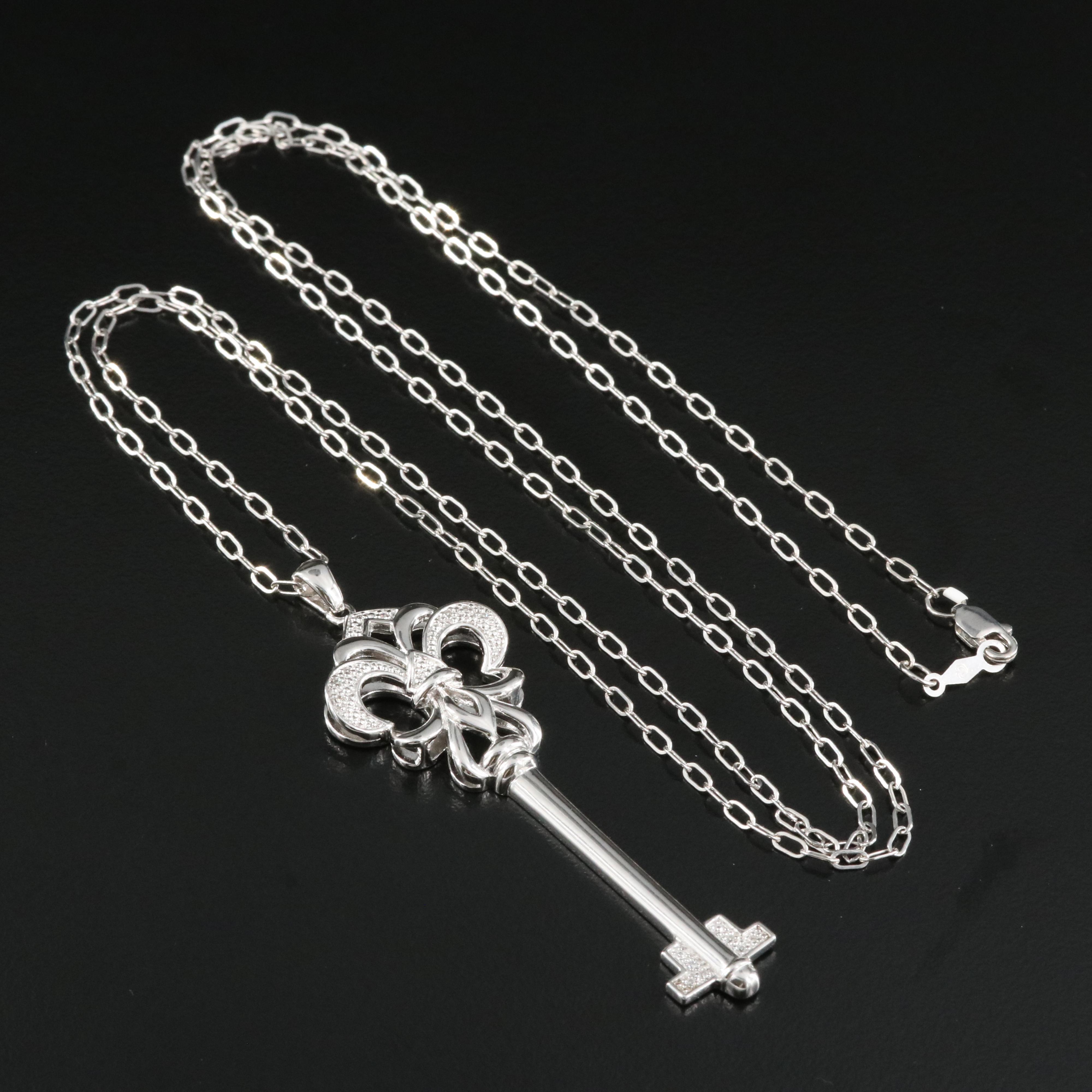 Sterling Diamond Skeleton Key Pendant Necklace
