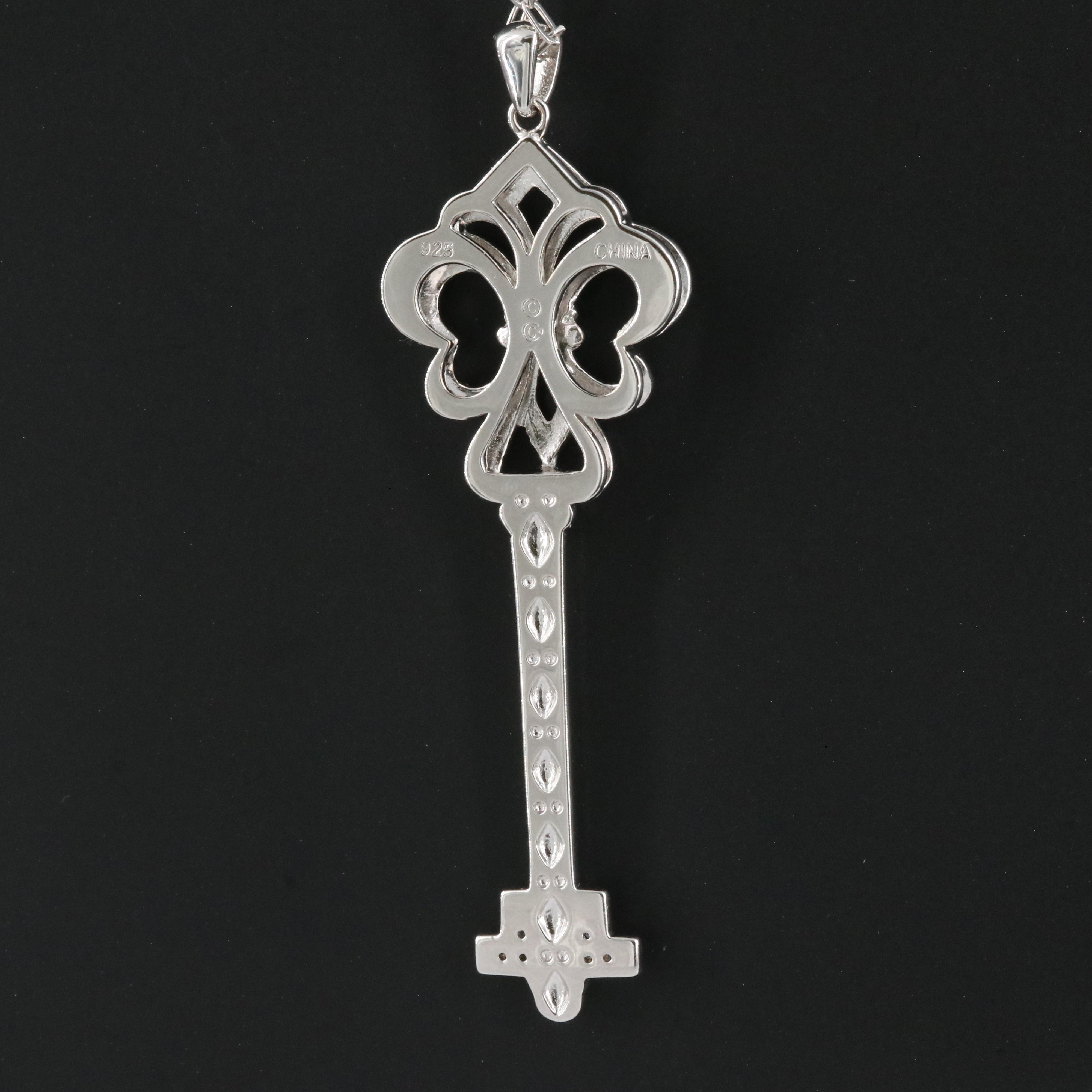 Sterling Diamond Skeleton Key Pendant Necklace